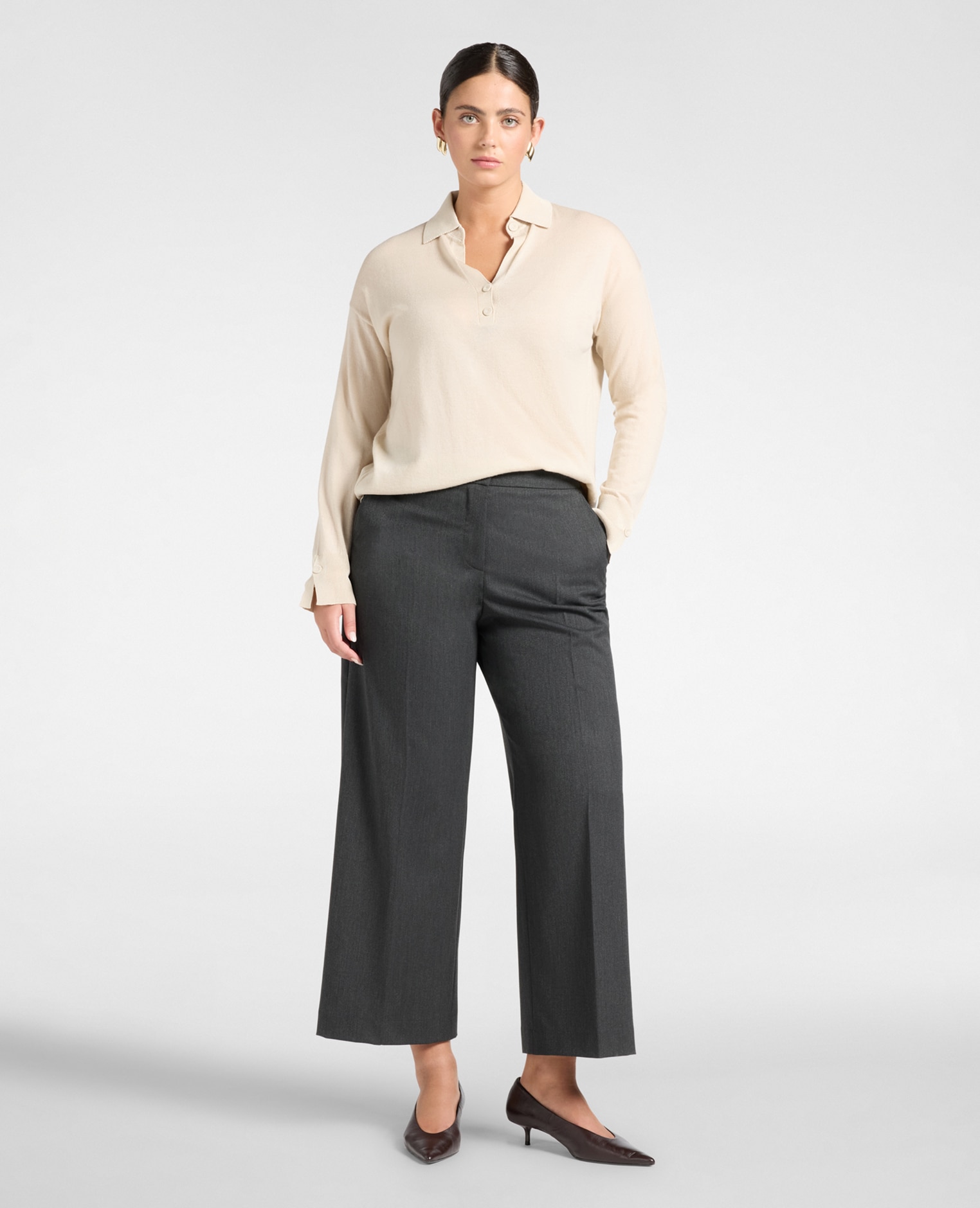 Pantalones de mujer palazzo cropped de franela ajuste chinos largo cropped con pierna recta - Elena Miró - Gris Gris-1