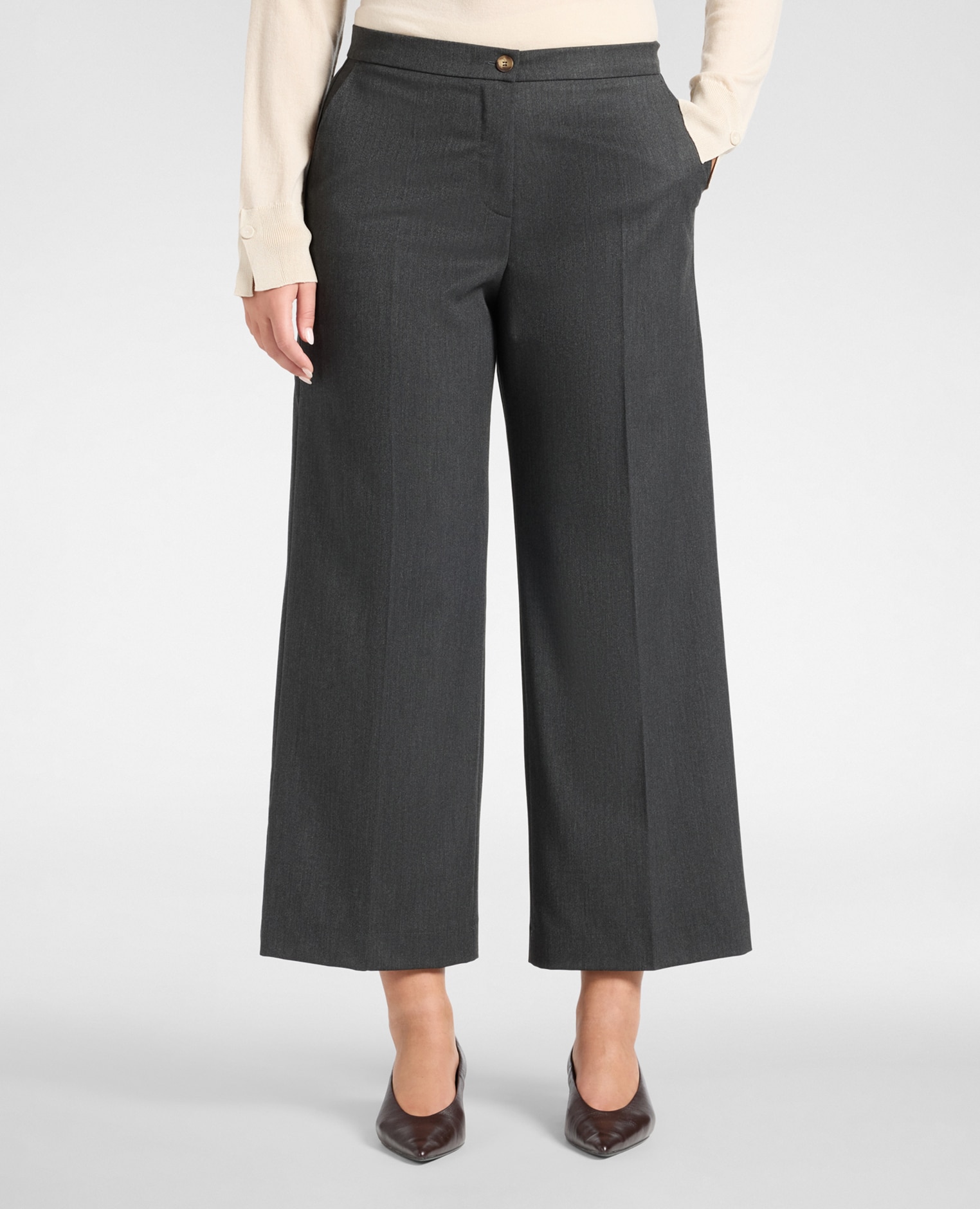 Pantalones de mujer palazzo cropped de franela ajuste chinos largo cropped con pierna recta - Elena Miró - Gris Gris-3