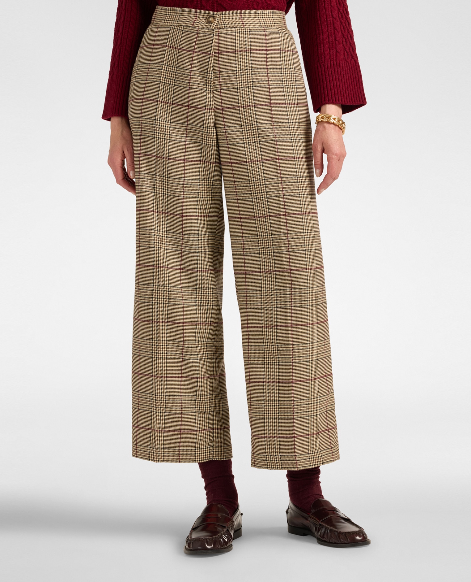 Pantalones de mujer palazzo estampado gales ajuste chinos cierre con botones y cremallera - Elena Miró - Burdeos Burdeos-3