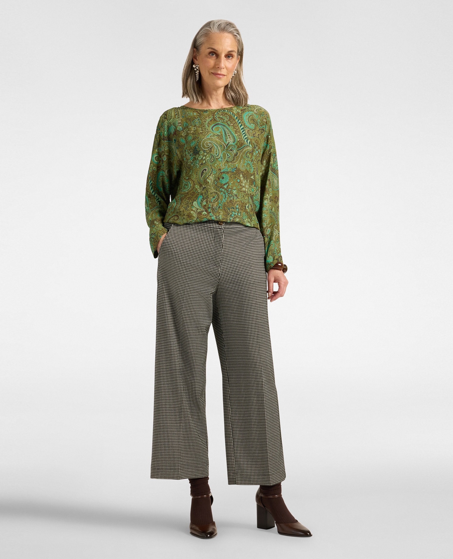 Pantalones de mujer cropped jacquard de cuadros ajuste chinos con largo cropped y pierna recta - Elena Miró - Negro Negro-1