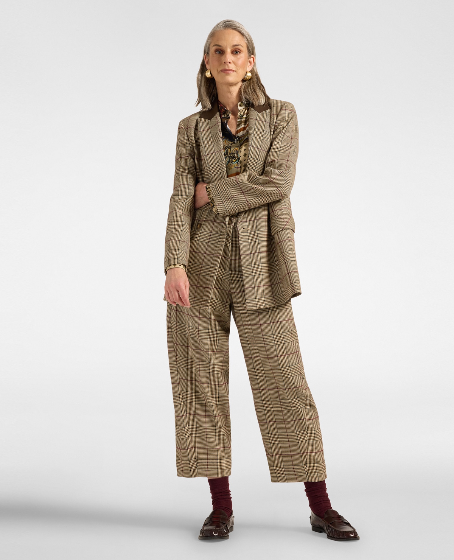 Pantalones de mujer cropped de gabardina a cuadros ajuste barrel con largo cropped cierre con botones y cremallera - Elena Miró - Burdeos Burdeos-1