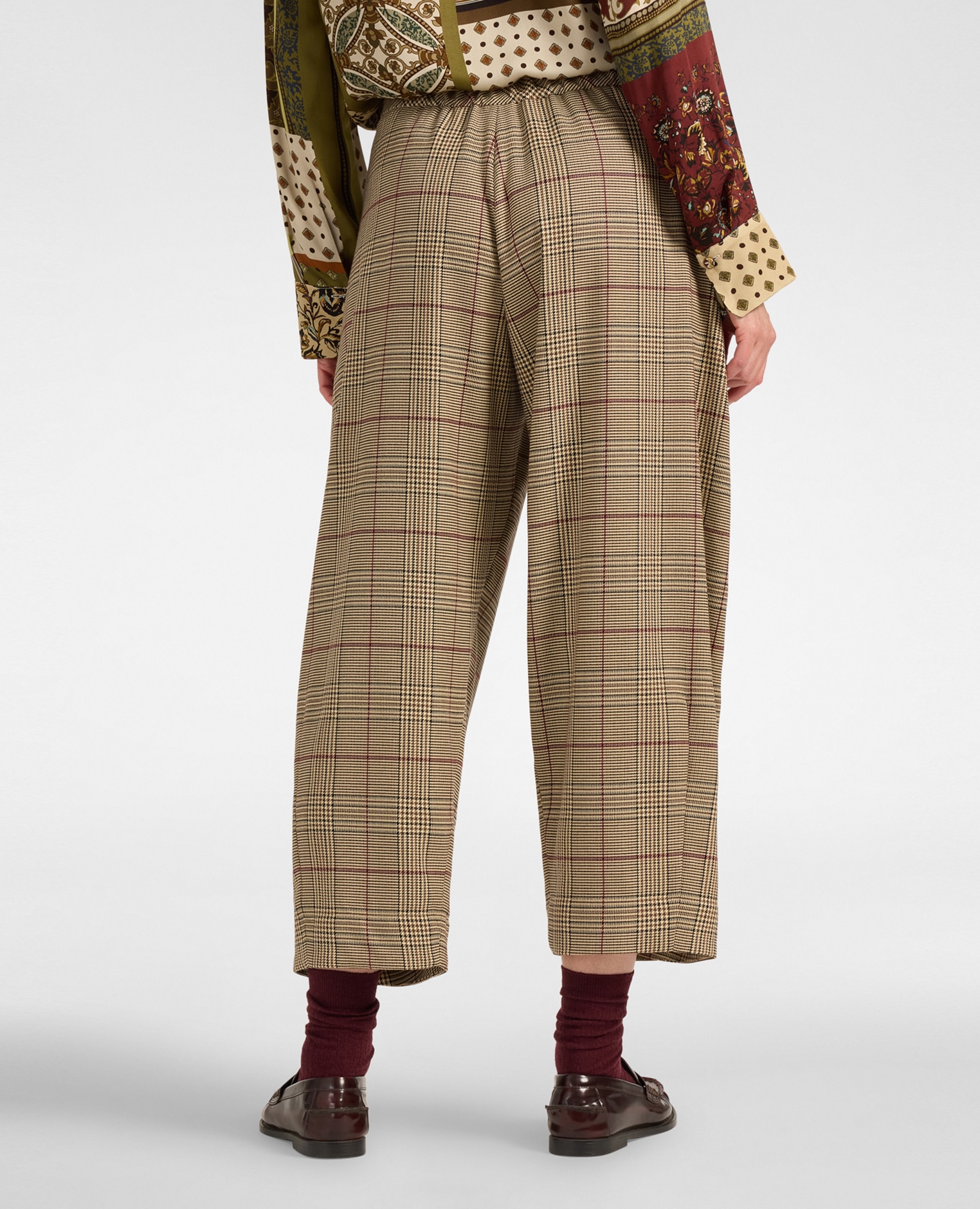 Pantalones de mujer cropped de gabardina a cuadros ajuste barrel con largo cropped cierre con botones y cremallera - Elena Miró - Burdeos Burdeos-2