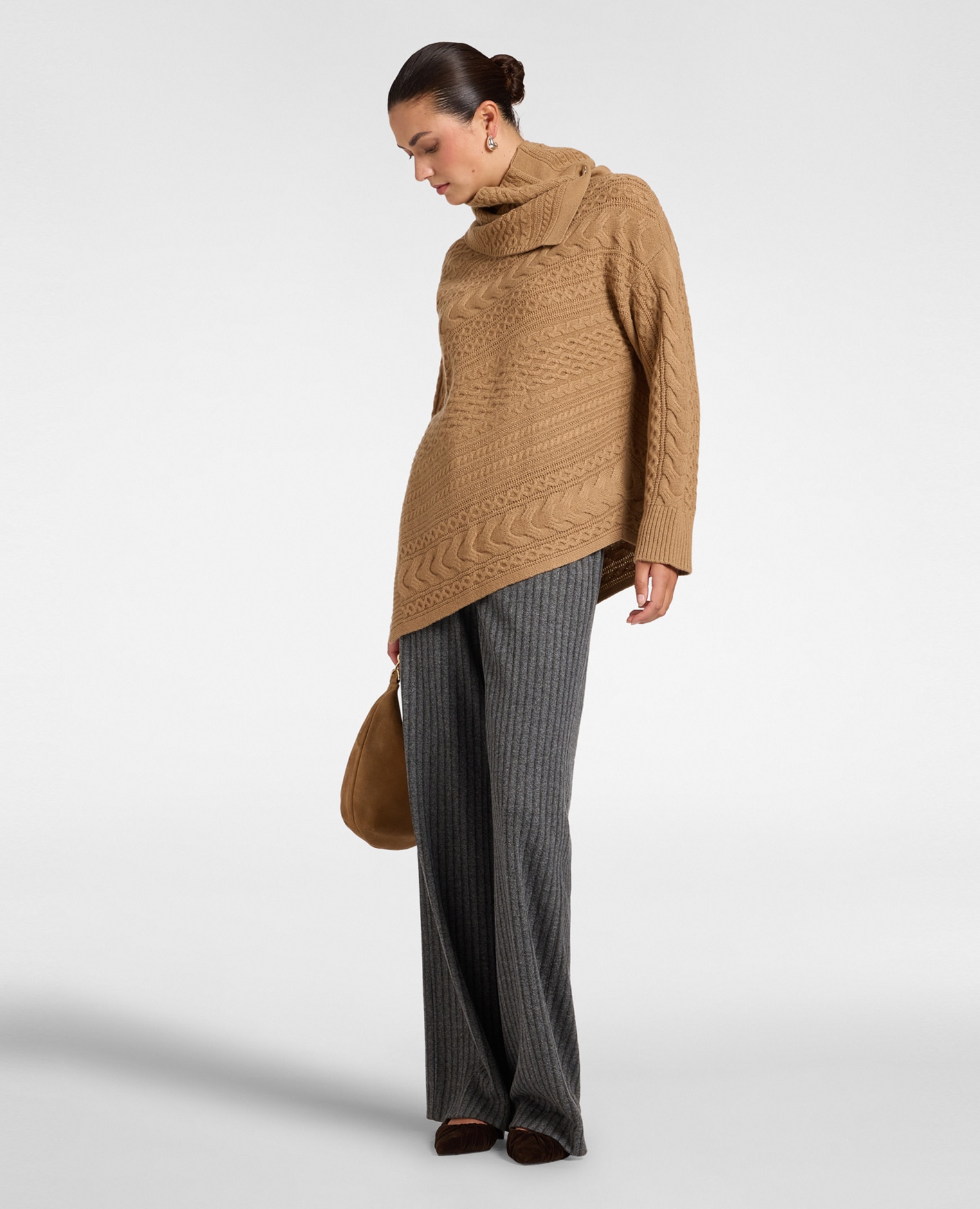 Pantalones de mujer palazzo jacquard de rayas ajuste regular con cierre de botón y cremallera - Elena Miró - Gris Gris-1