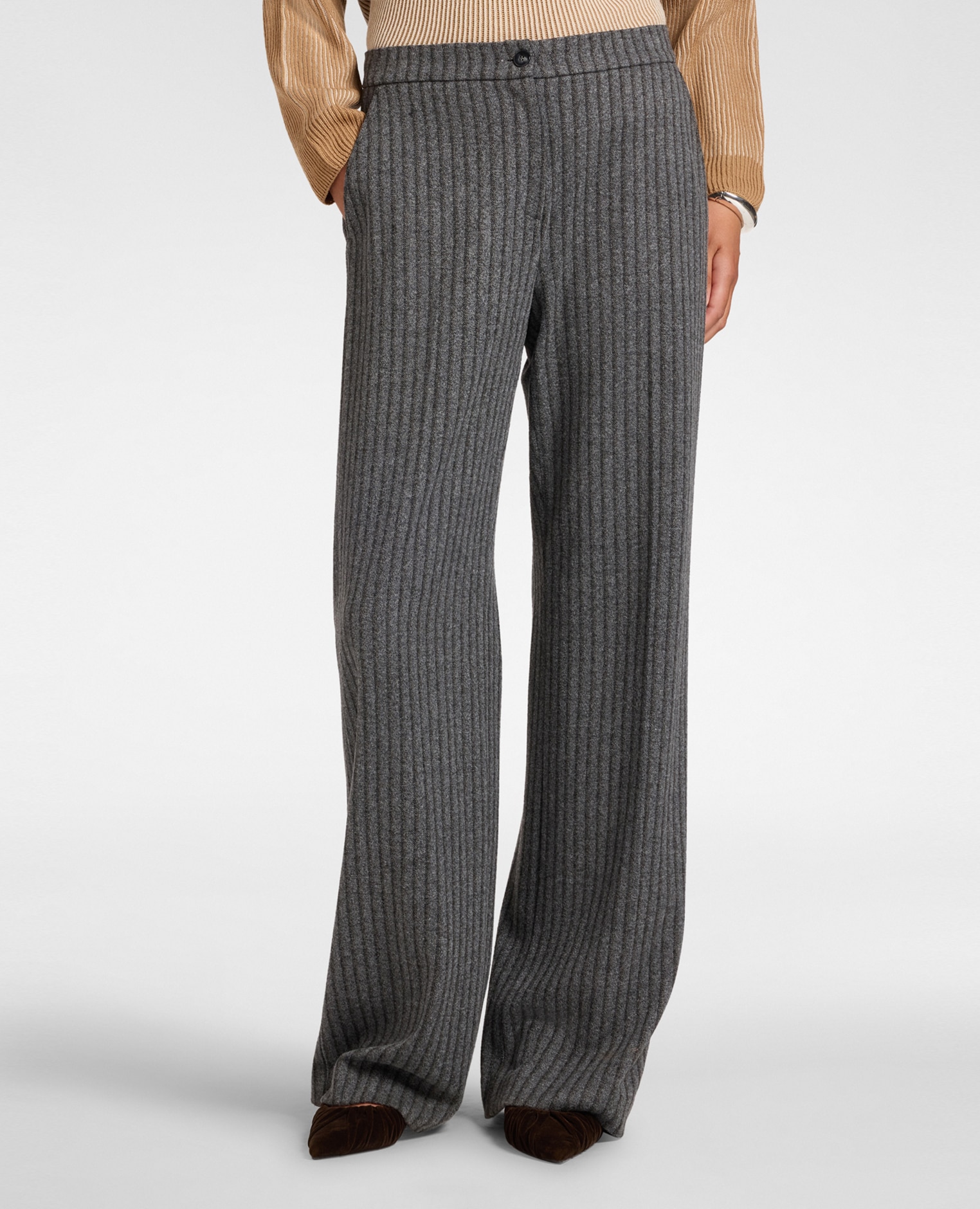 Pantalones de mujer palazzo jacquard de rayas ajuste regular con cierre de botón y cremallera - Elena Miró - Gris Gris-3