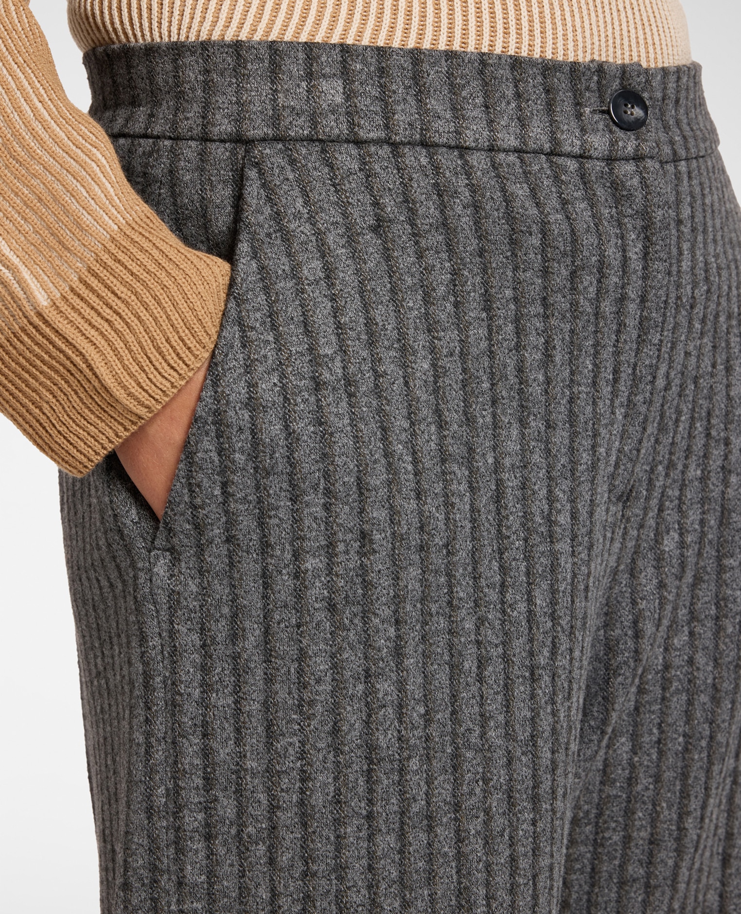Pantalones de mujer palazzo jacquard de rayas ajuste regular con cierre de botón y cremallera - Elena Miró - Gris Gris-4
