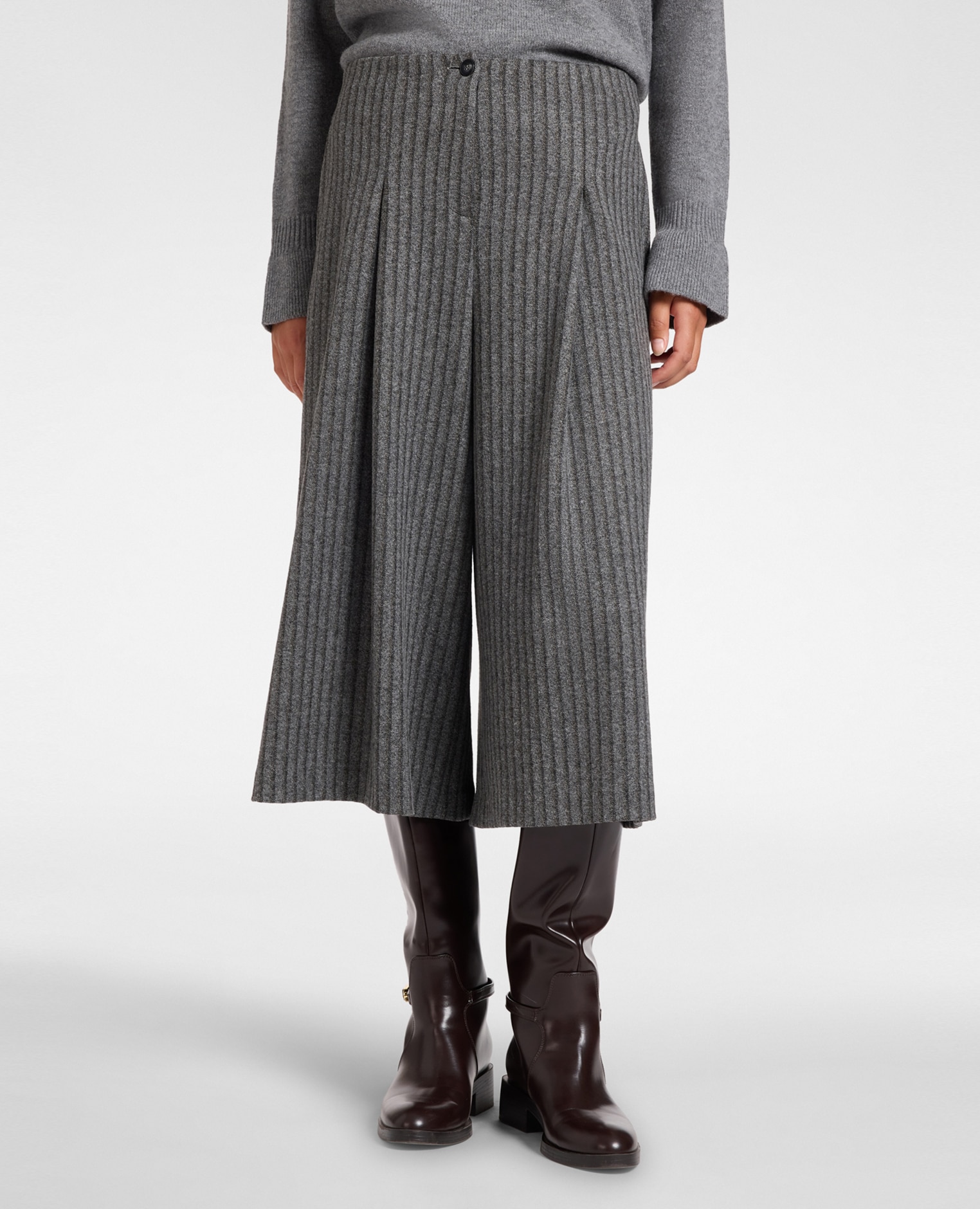 Pantalones de mujer cropped de rayas jacquard largo medio corte wide - Elena Miró - Gris Gris-3