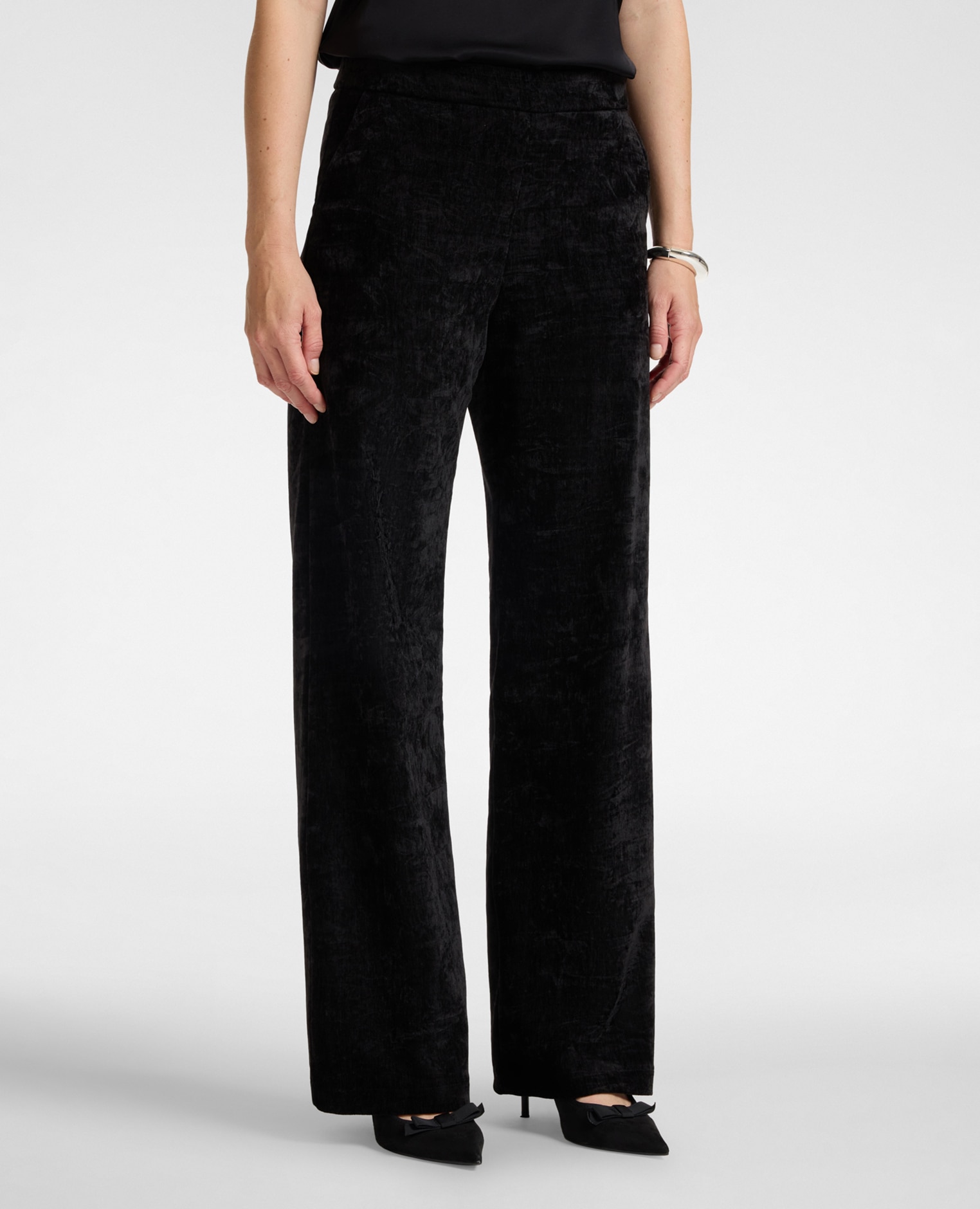 Imagen 3 de Pantalones de mujer palazzo de terciopelo ajuste wide con cierre de cremallera y bolsillos diagonales - Elena Miró - Negro Negro