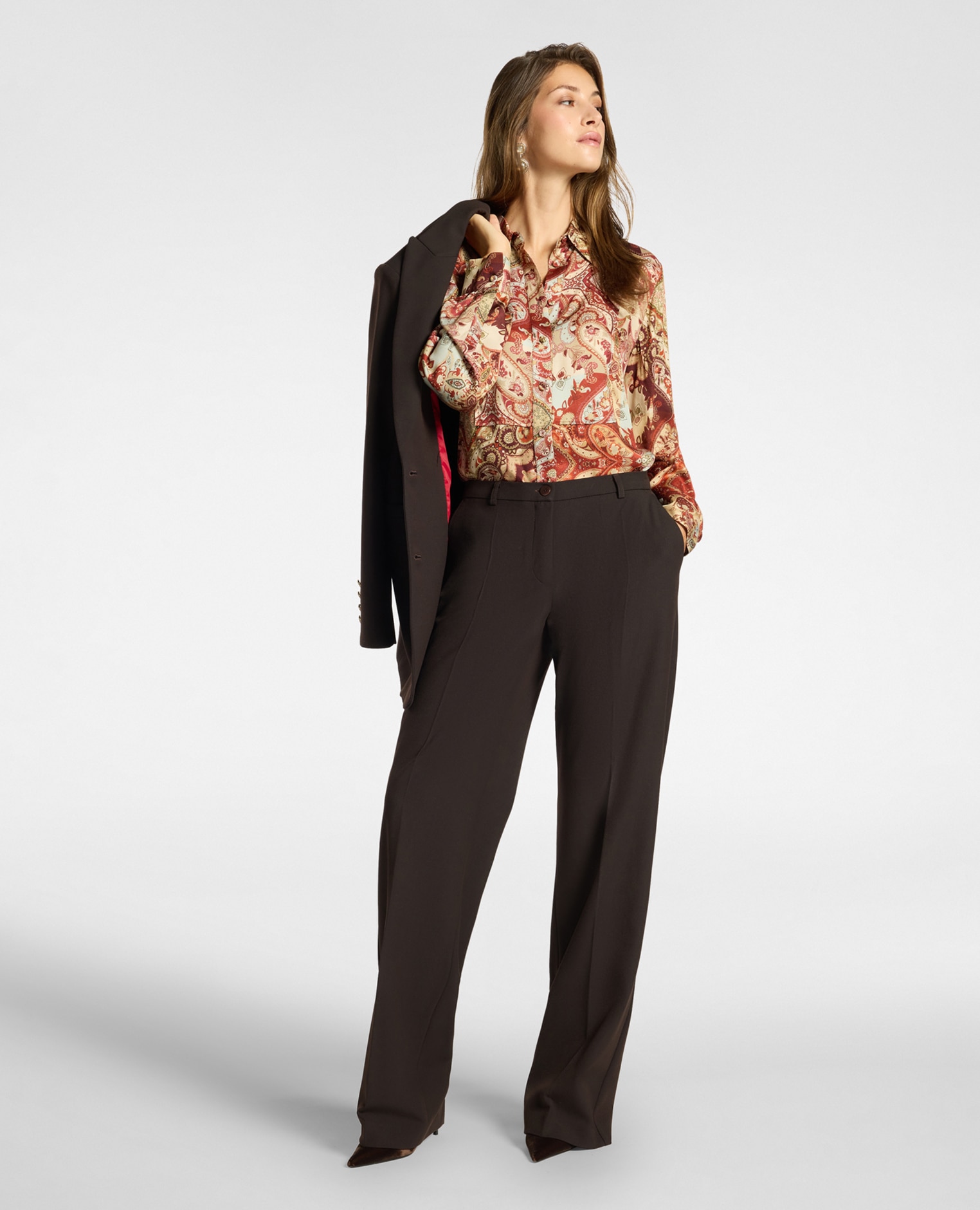 Imagen 0 de Pantalones de mujer palazzo de mezcla de lana ajuste regular cierre con botón y cremallera Marrón