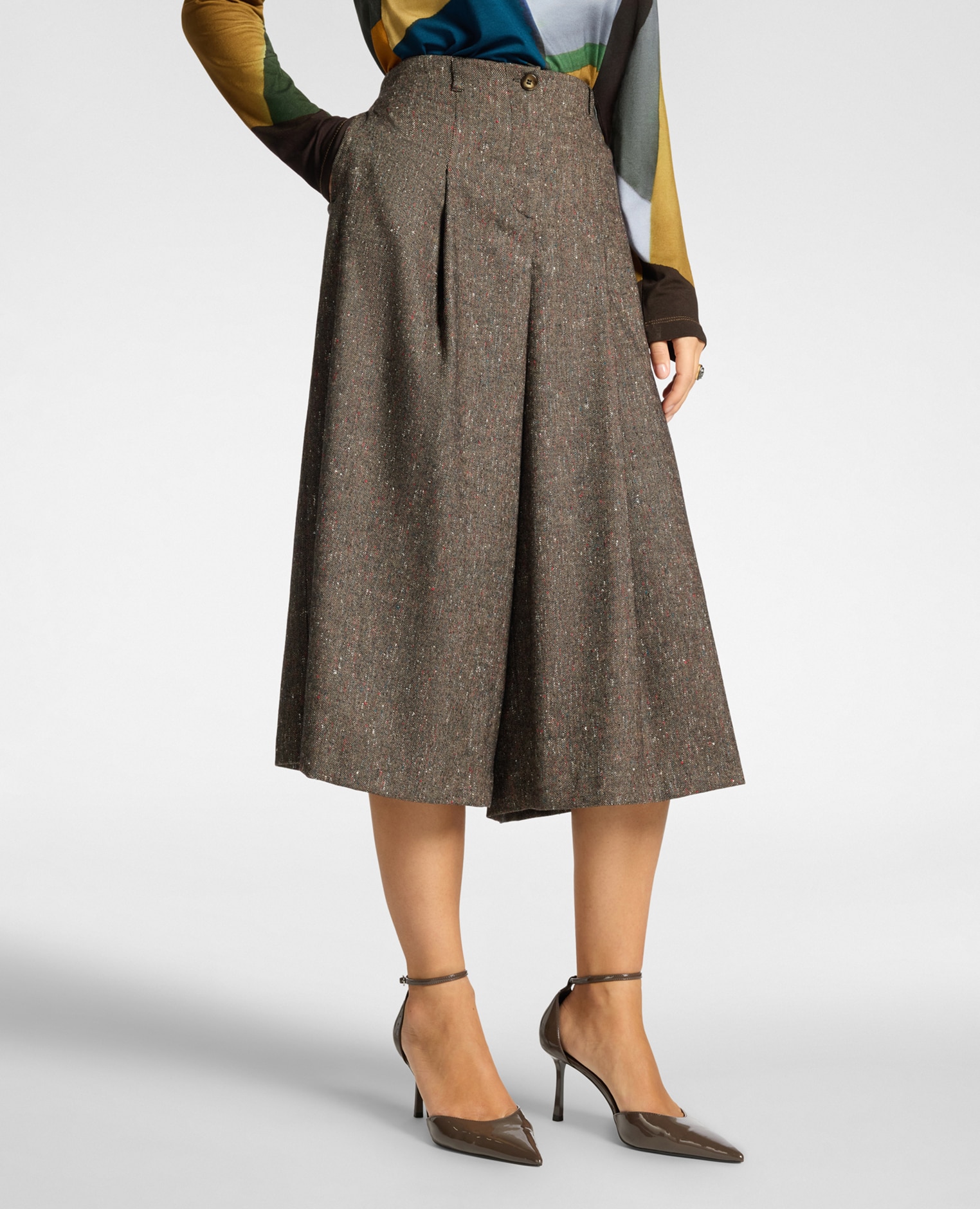 Pantalones de mujer palazzo cropped largo hasta la pantorrilla corte amplio con pliegues frontales - Elena Miró - Marrón Marrón-3