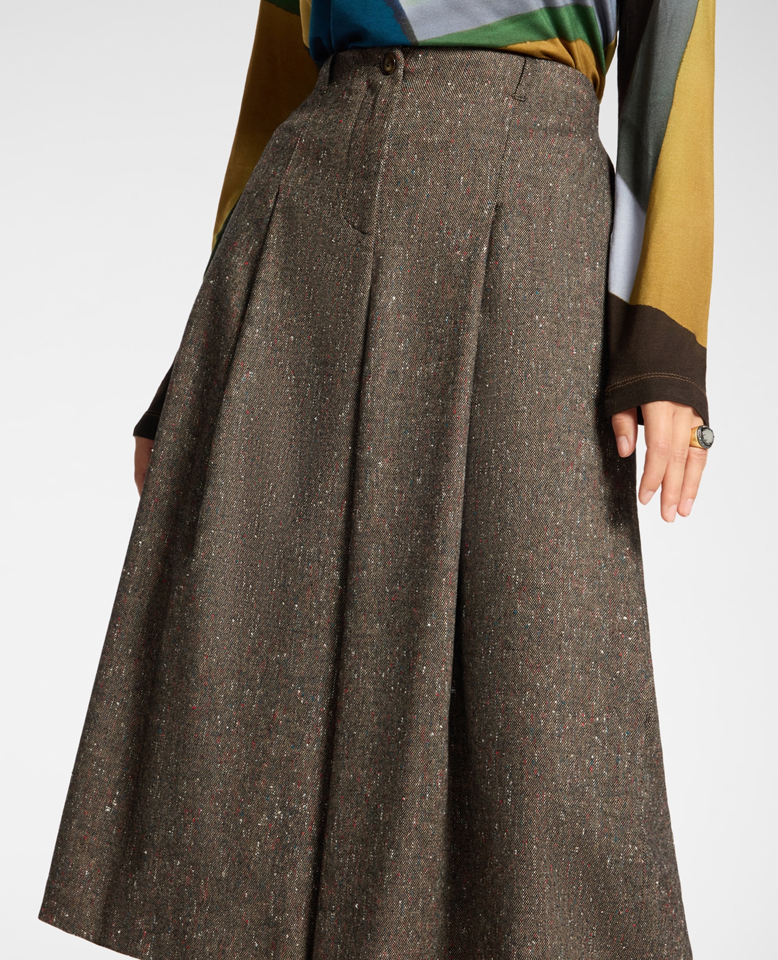 Pantalones de mujer palazzo cropped largo hasta la pantorrilla corte amplio con pliegues frontales - Elena Miró - Marrón Marrón-4