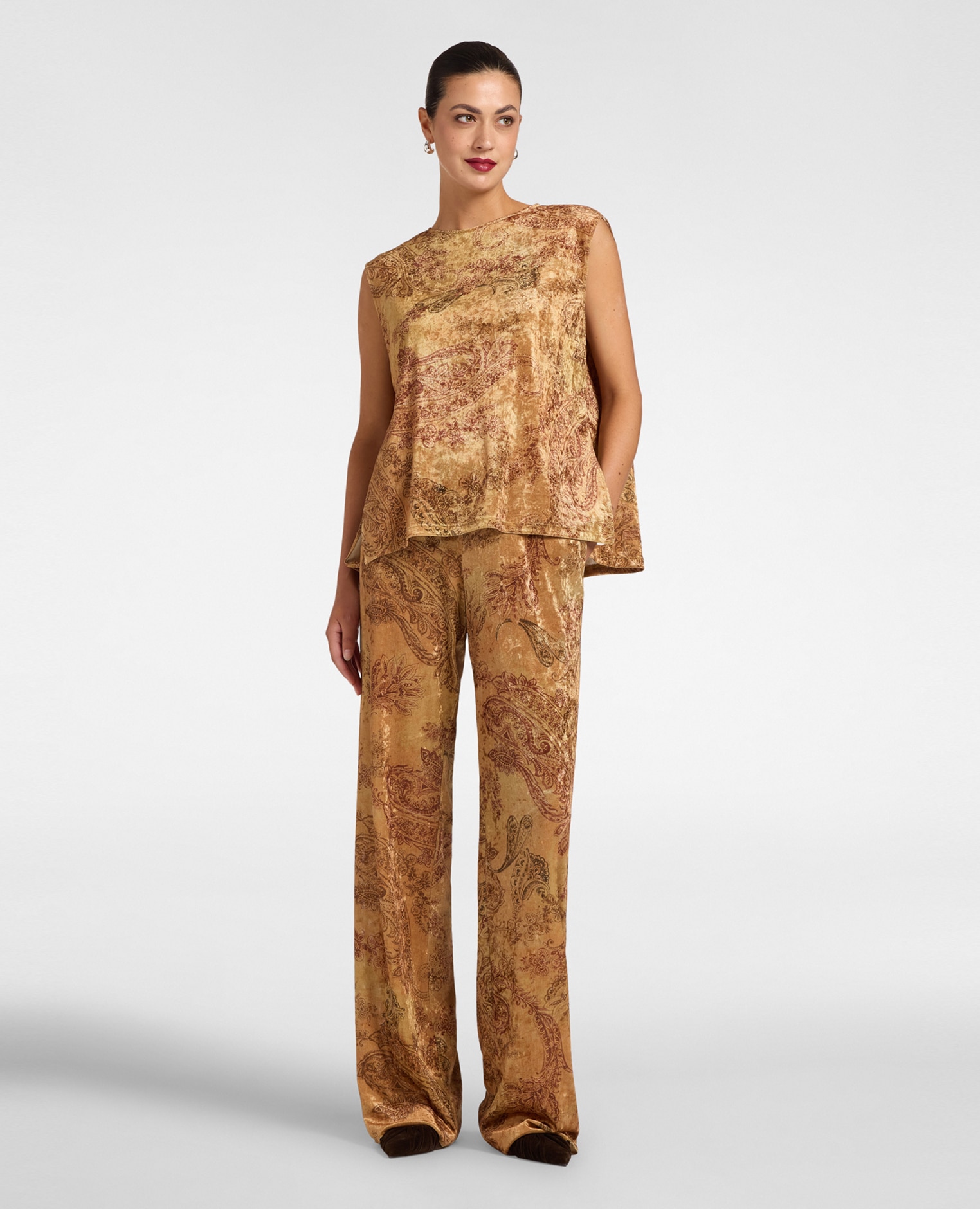Pantalones de mujer palazzo de terciopelo estampado ajuste suave pierna ancha - Elena Miró - Amarillo Amarillo-1