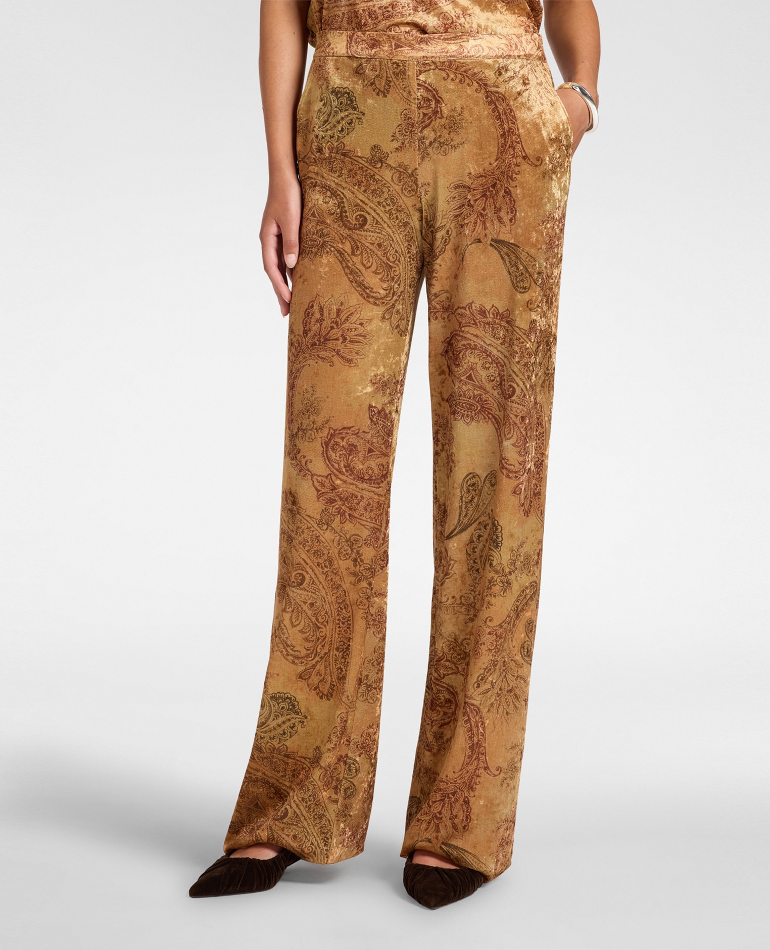 Pantalones de mujer palazzo de terciopelo estampado ajuste suave pierna ancha - Elena Miró - Amarillo Amarillo-3
