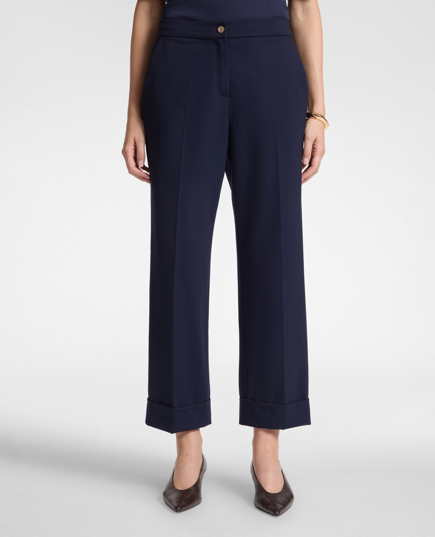 Pantalones de mujer chinos en punto milano mezcla viscosa ajuste regular cierre con botón y cremallera - Elena Miró - Azul Azul-3