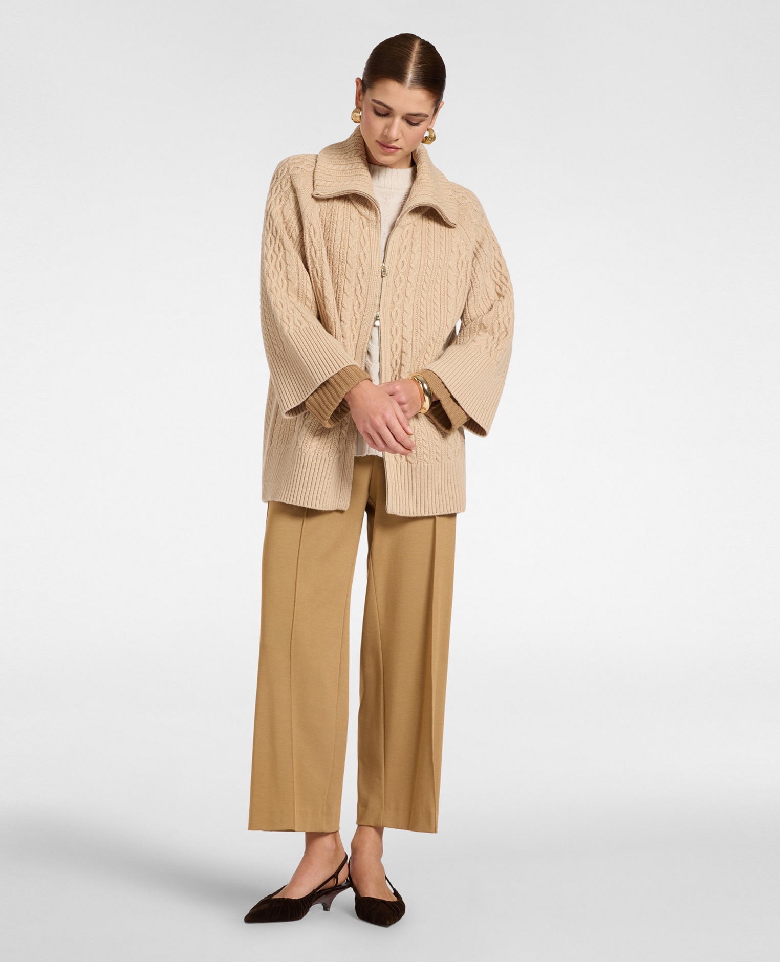 Pantalones de mujer de punto mezcla de viscosa ajuste ancho con banda elástica en la cintura - Elena Miró - Beige Beige-1
