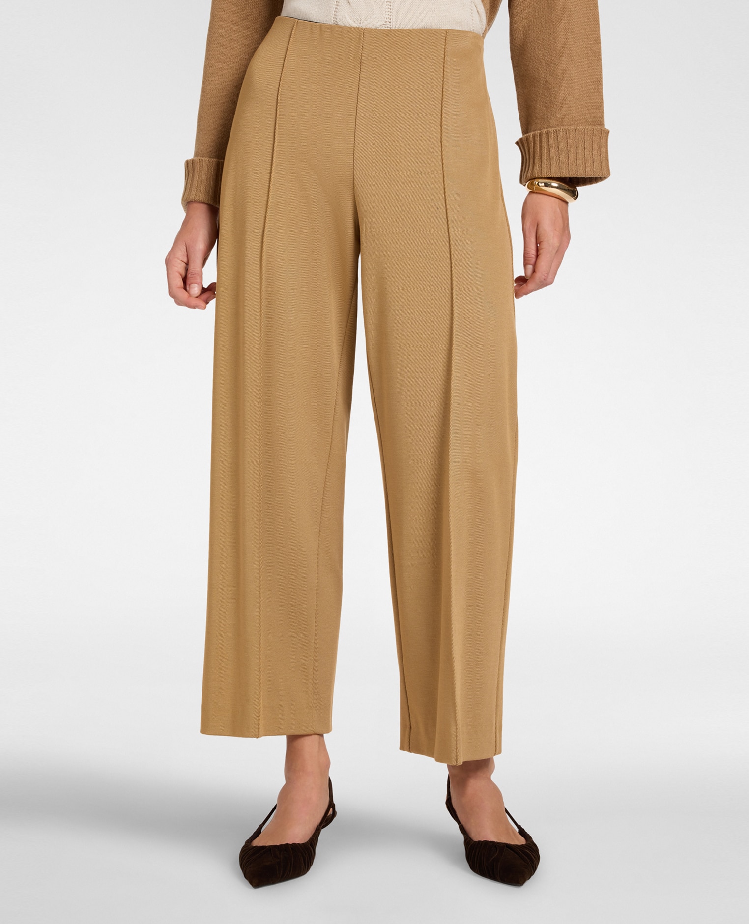 Pantalones de mujer de punto mezcla de viscosa ajuste ancho con banda elástica en la cintura - Elena Miró - Beige Beige-3