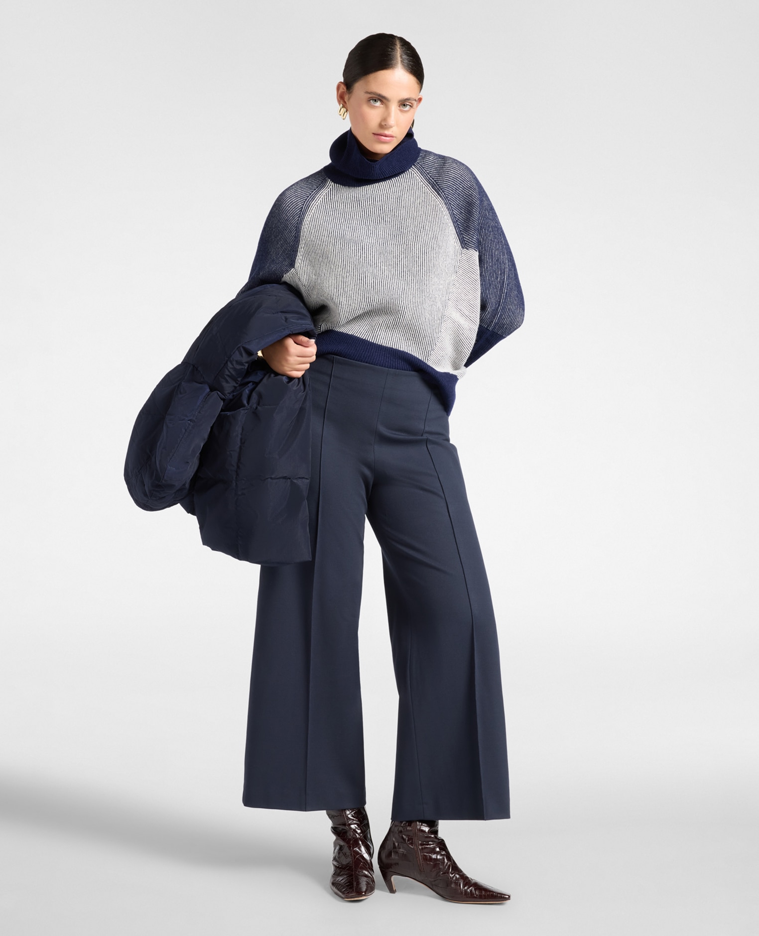 Pantalones de mujer de punto mezcla de viscosa ajuste ancho con banda elástica en la cintura - Elena Miró - Azul Azul-1