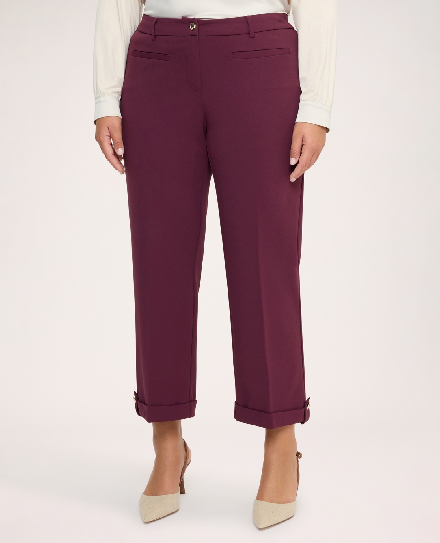 Pantalones de mujer cropped con dobladillo y botón ajuste y diseño para el máximo confort - Fiorella Rubino - Burdeos Burdeos-3