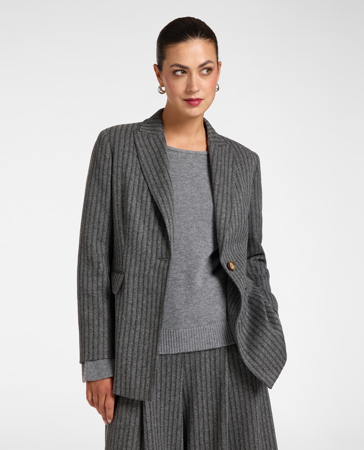 Blazer de mujer jacquard de rayas ajuste ceñido largo medio - Elena Miró - Gris Gris-1