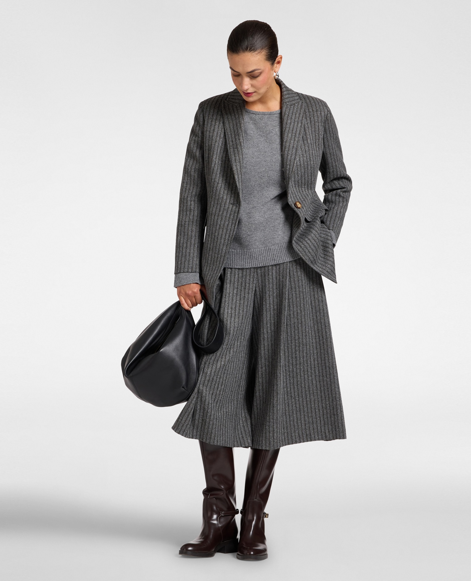 Blazer de mujer jacquard de rayas ajuste ceñido largo medio - Elena Miró - Gris Gris-3