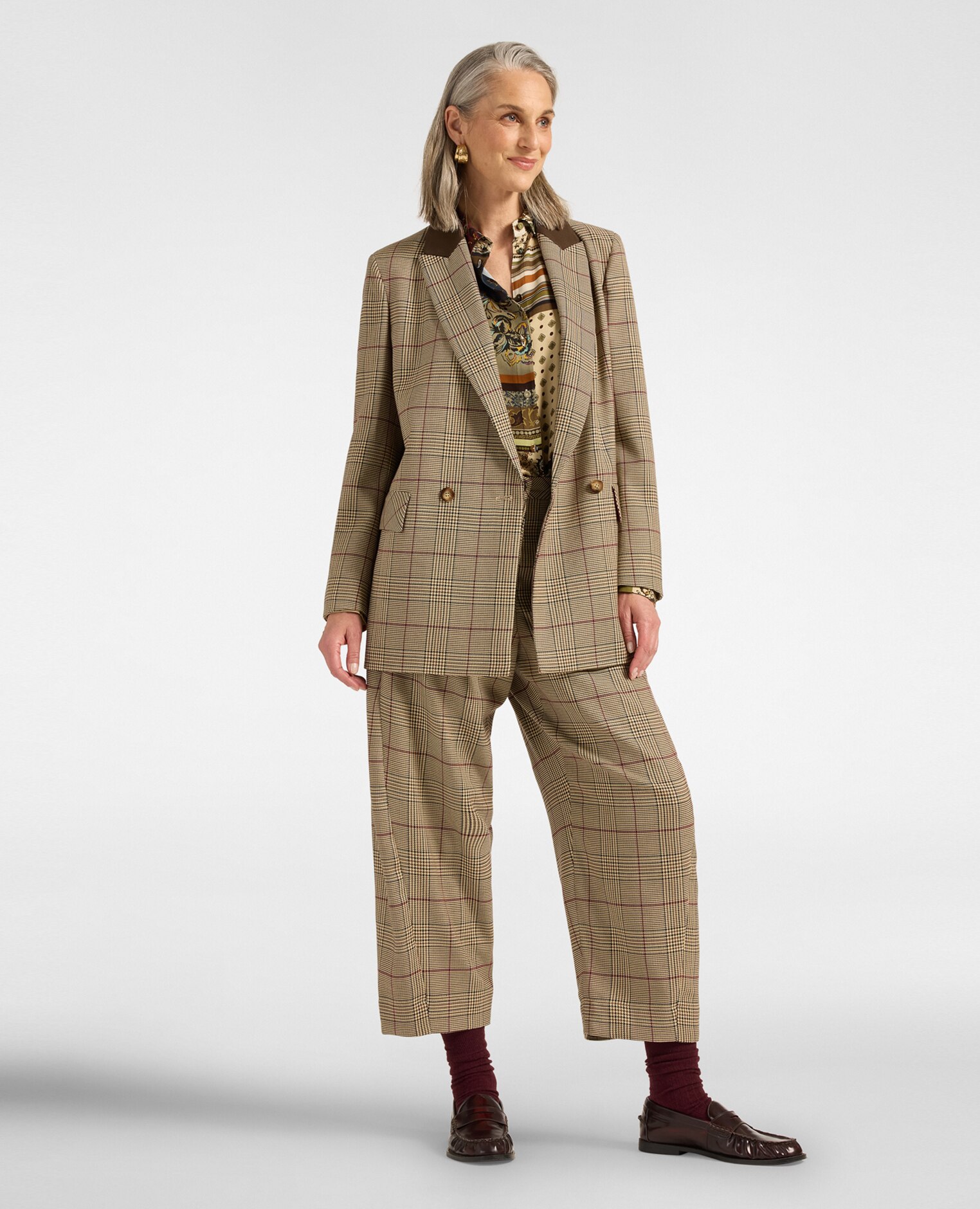 Blazer de mujer cruzado príncipe de gales corte holgado largo medio - Elena Miró - Burdeos Burdeos-2