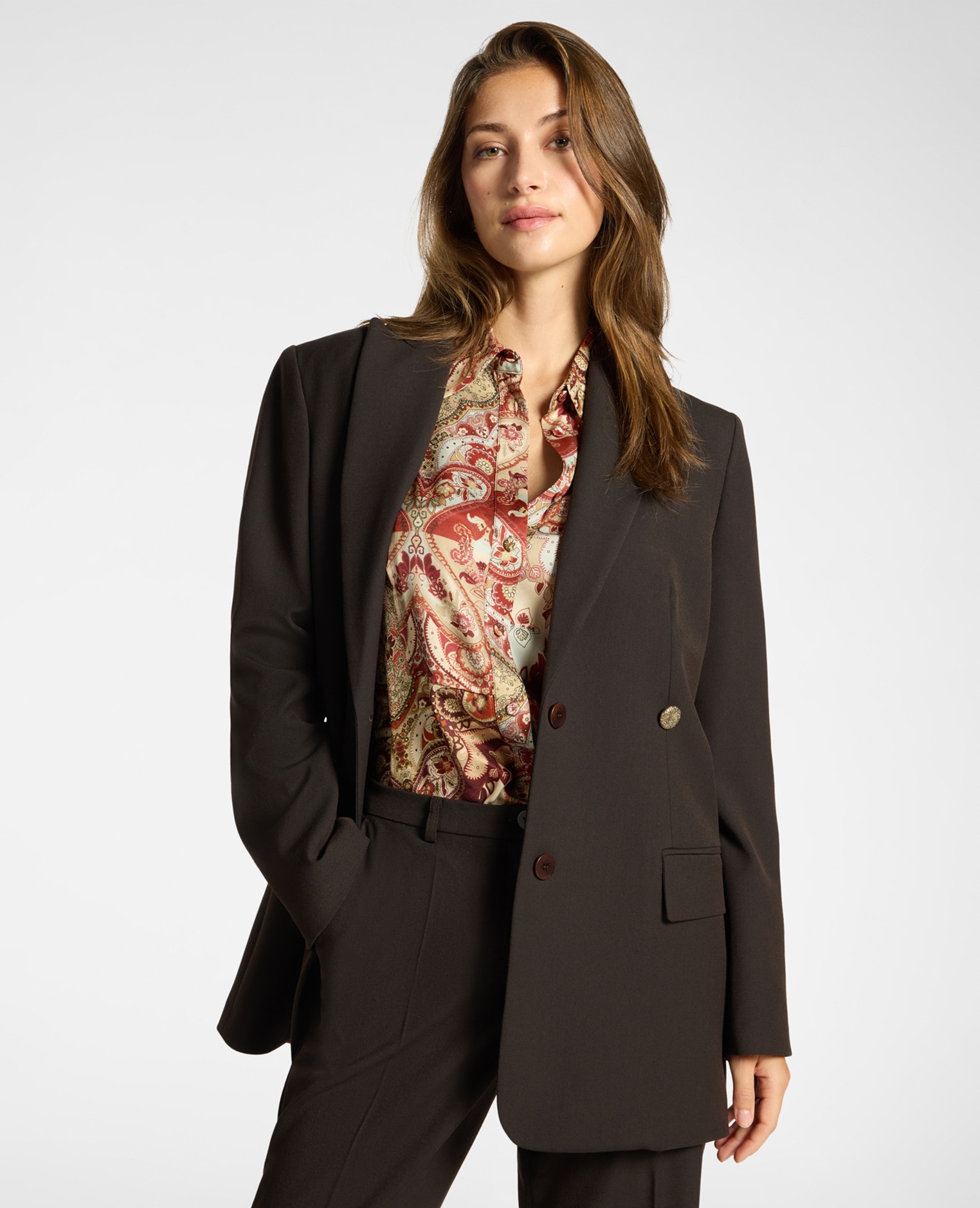 Imagen 1 de Blazer de mujer sastrero en twill mixto de lana largo medio corte holgado tipo saco - Elena Miró - Marrón Marrón