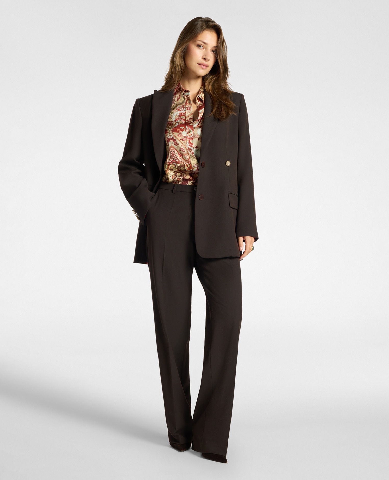 Imagen 3 de Blazer de mujer sastrero en twill mixto de lana largo medio corte holgado tipo saco - Elena Miró - Marrón Marrón