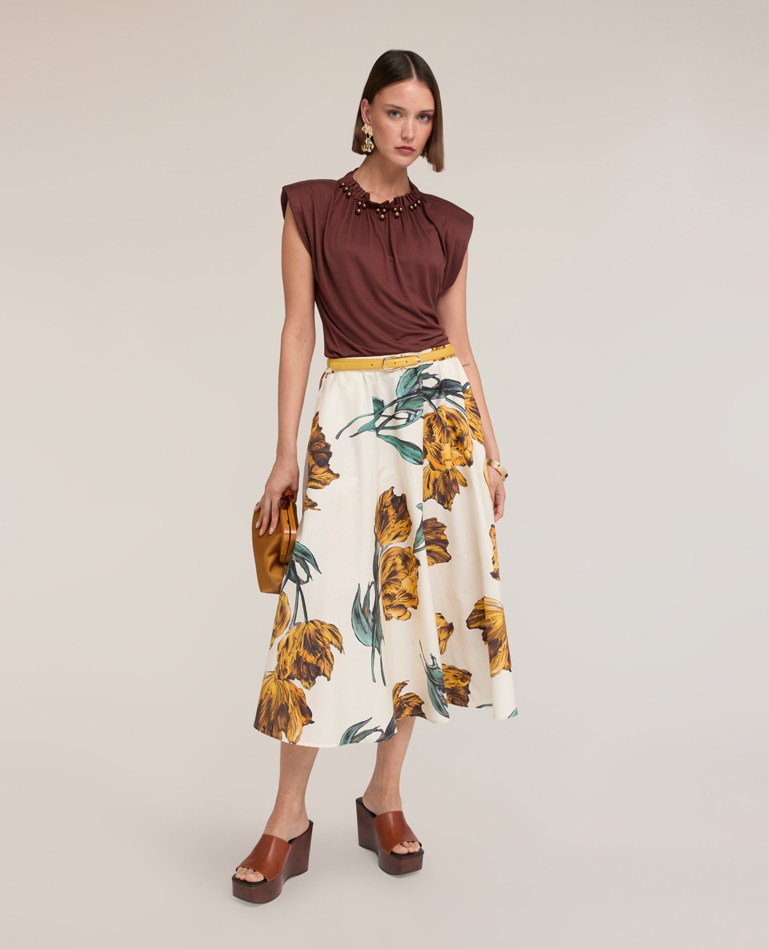 Motivi - Falda acampanada en popelín con estampado cintura alta con banda elástica estampado floral.