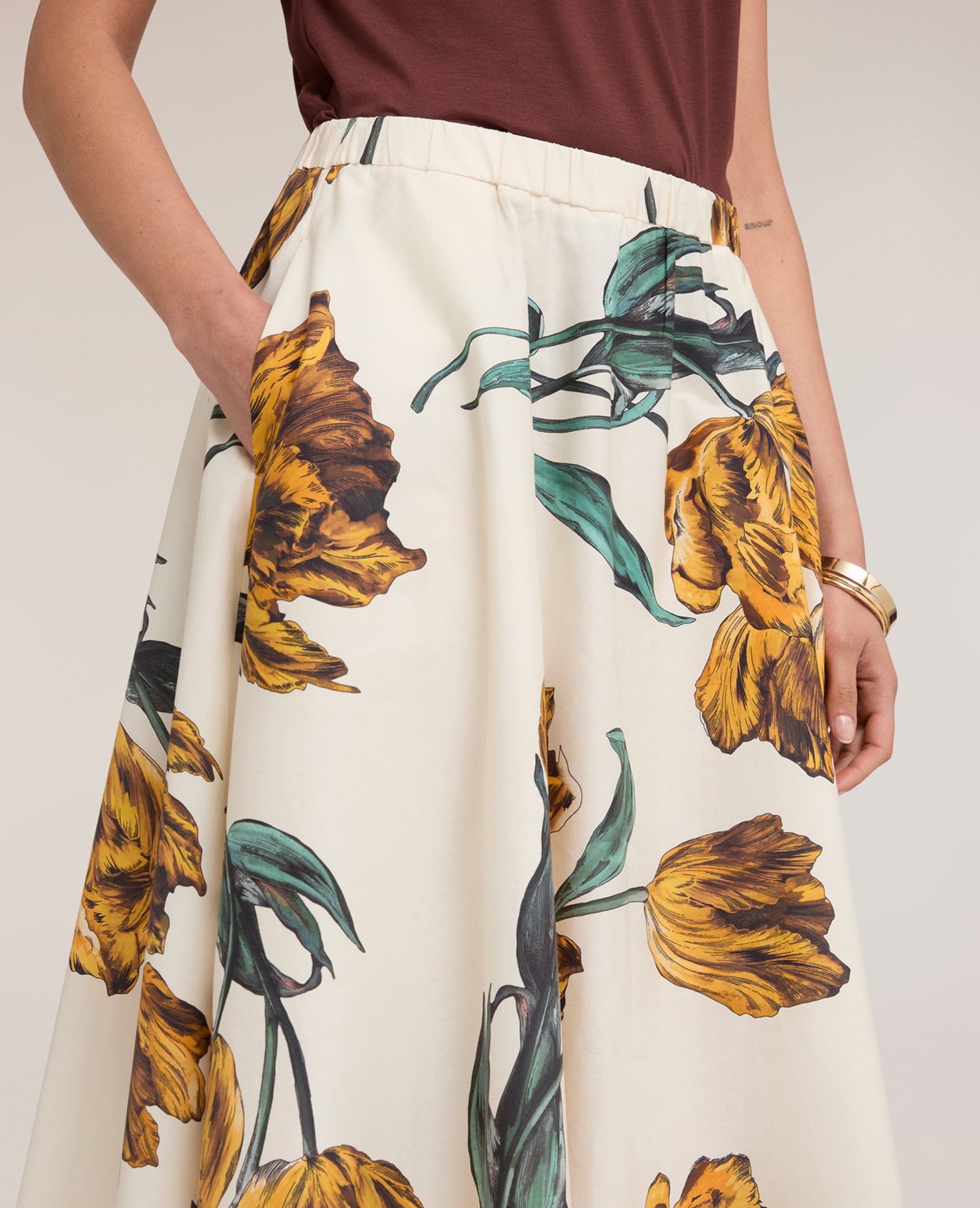 Falda acampanada en popelín con estampado cintura alta con banda elástica estampado floral - Motivi - Blanco Blanco-4