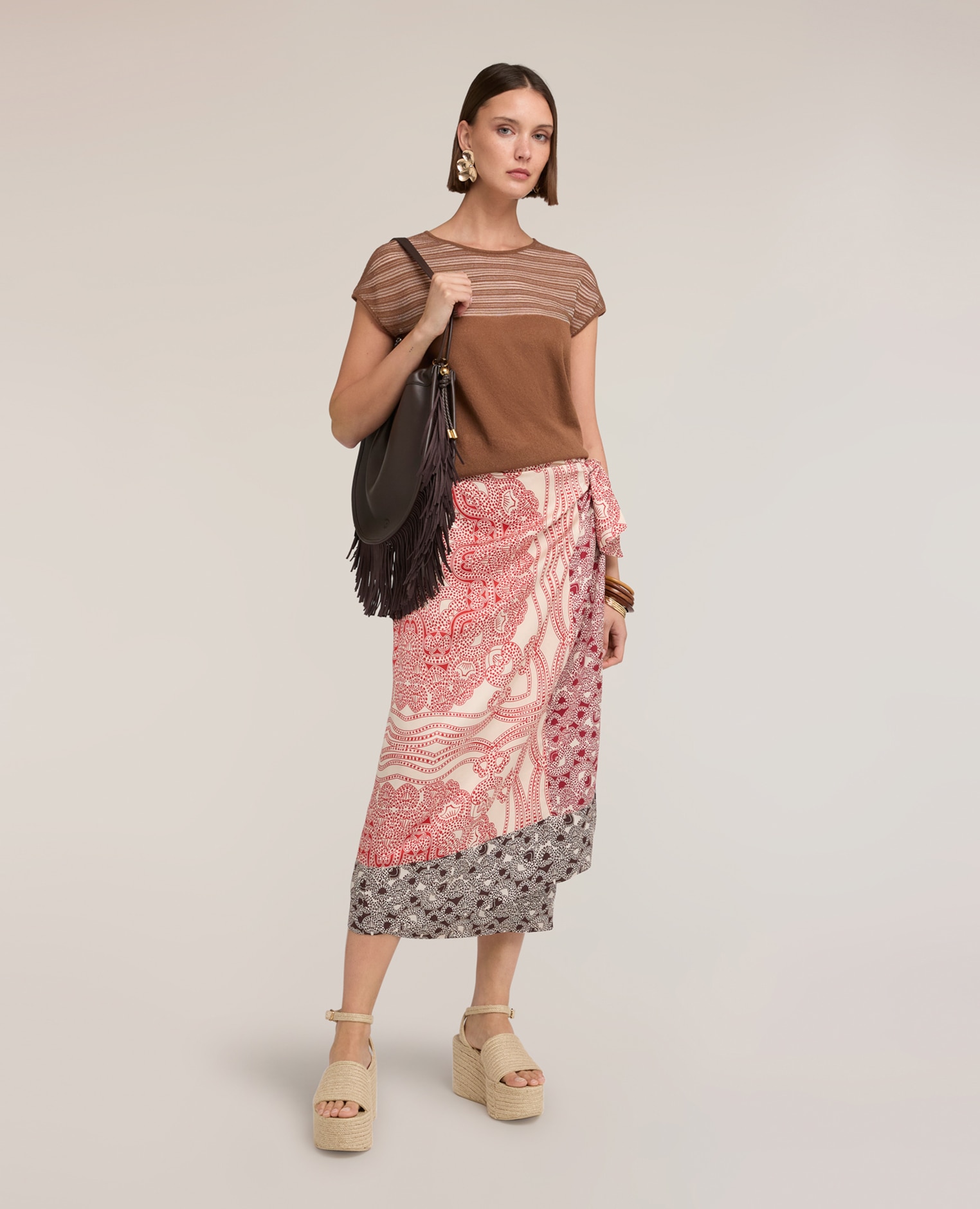 Motivi - Falda pareo de raso con estampado modelo pareo con drapeado lateral cierre con lazos.