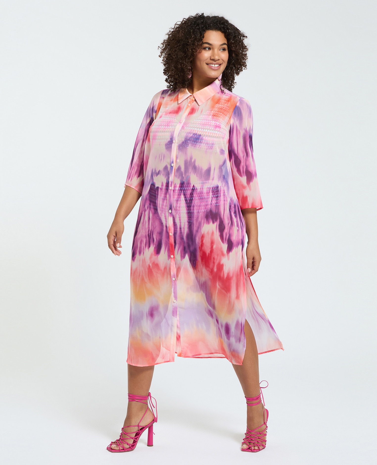 Fiorella Rubino - Vestido camisero en georgette tie-dye tejido ligero y semitransparente.