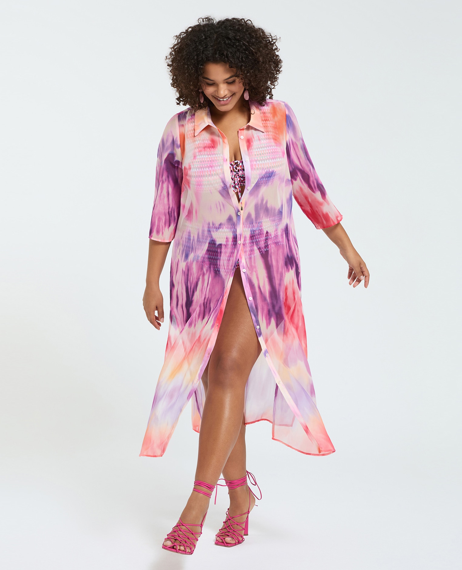 Vestido camisero en georgette tie-dye tejido ligero y semitransparente - Fiorella Rubino - Morado Morado-3