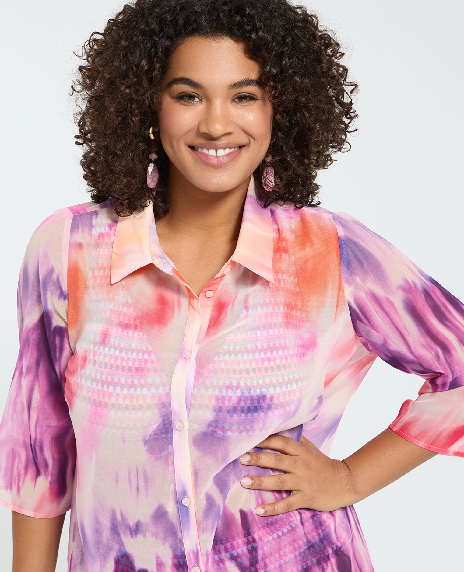 Vestido camisero en georgette tie-dye tejido ligero y semitransparente - Fiorella Rubino - Morado Morado-4