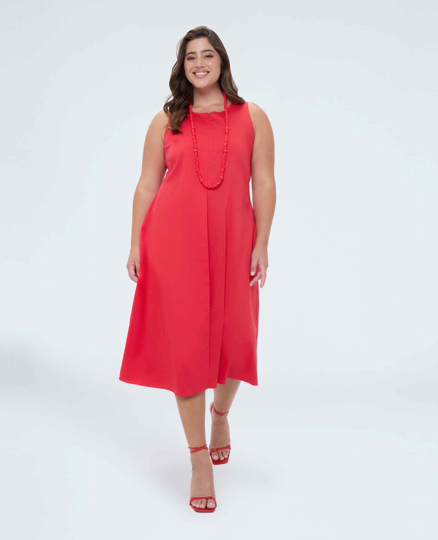 Vestido free línea en a de algodón cuello redondo y largo midi - Fiorella Rubino - Rojo Rojo-1