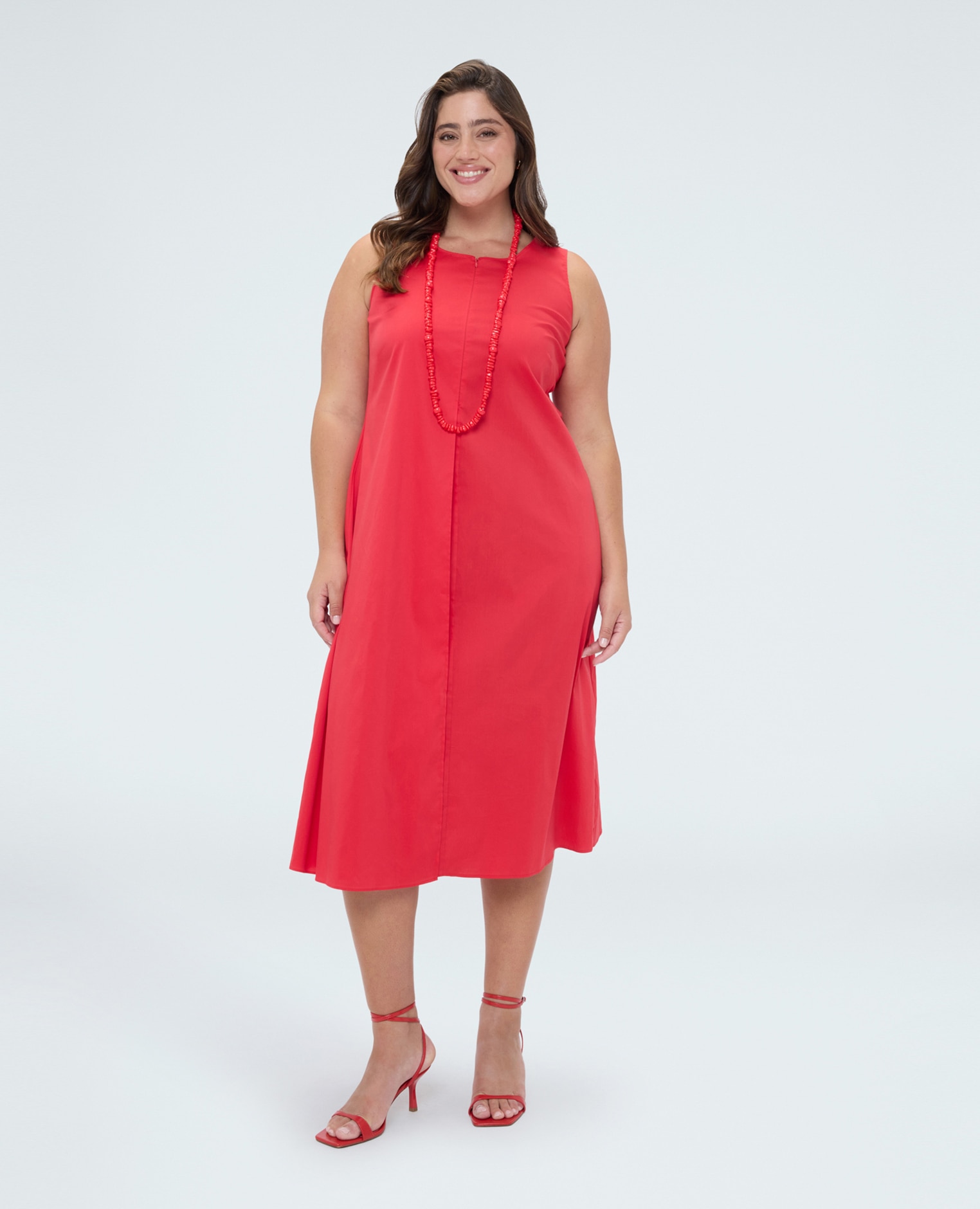 Vestido free línea en a de algodón cuello redondo y largo midi - Fiorella Rubino - Rojo Rojo-3