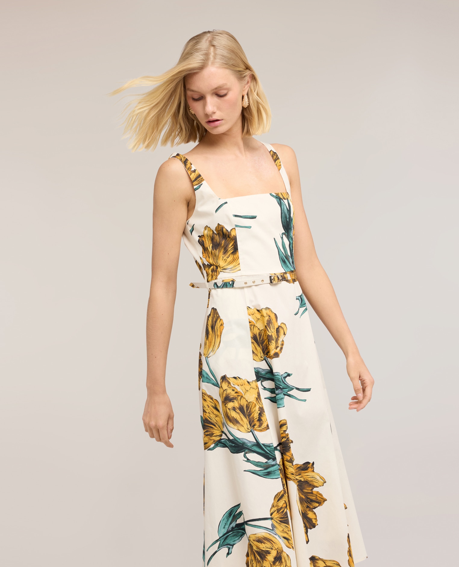 Vestido línea a en popelín con estampado escote cuadrado con tirantes anchos cinturón en la cintura con hebilla - Motivi - Blanco Blanco-3