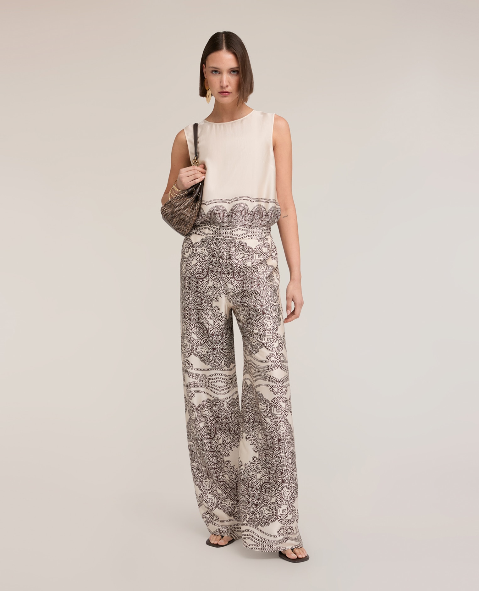 Motivi - Pantalones de mujer palazzo en raso de viscosa estampada ajuste regular cierre con banda elástica en la cintura.
