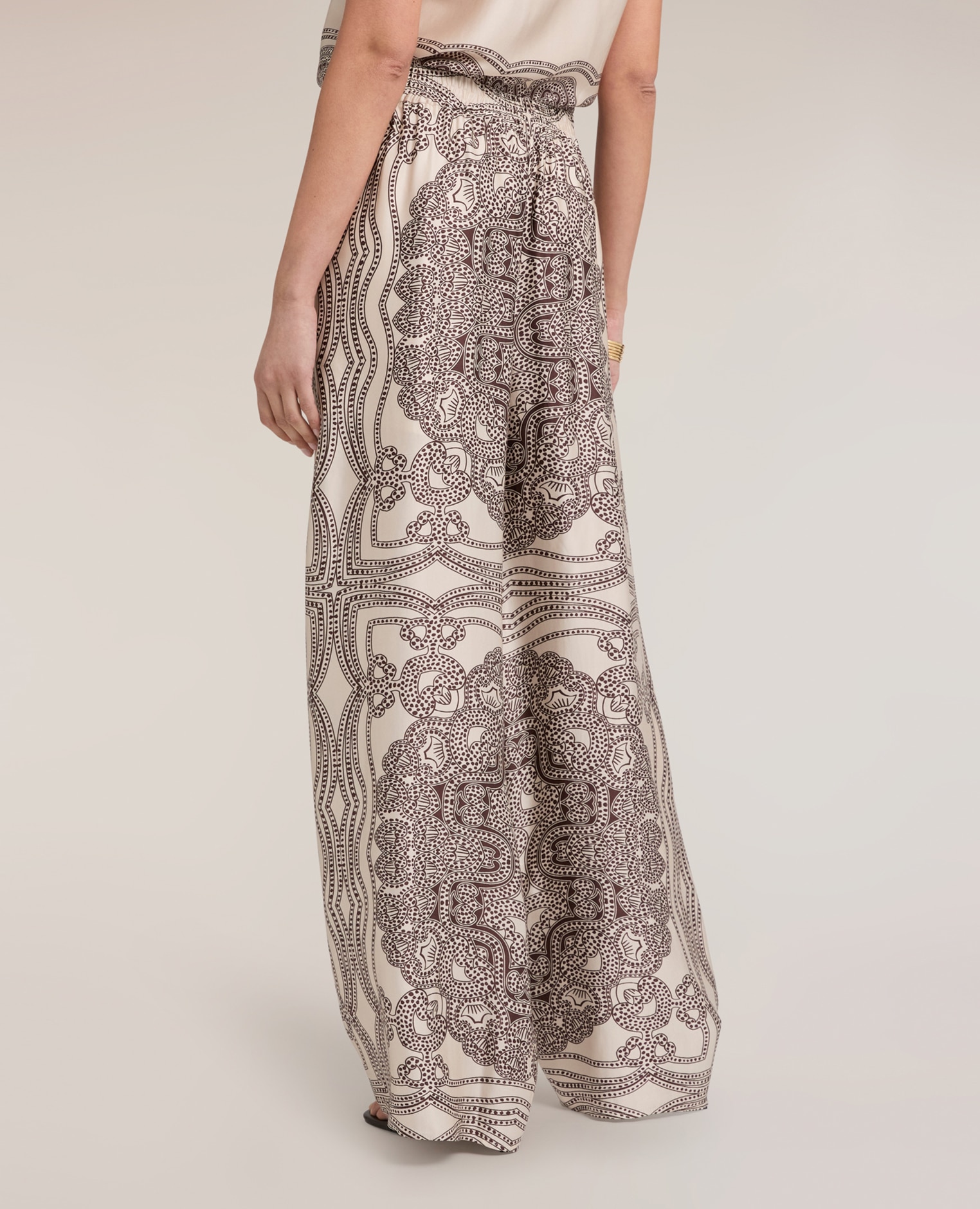 Pantalones de mujer palazzo en raso de viscosa estampada ajuste regular cierre con banda elástica en la cintura - Motivi - Beige Beige-2