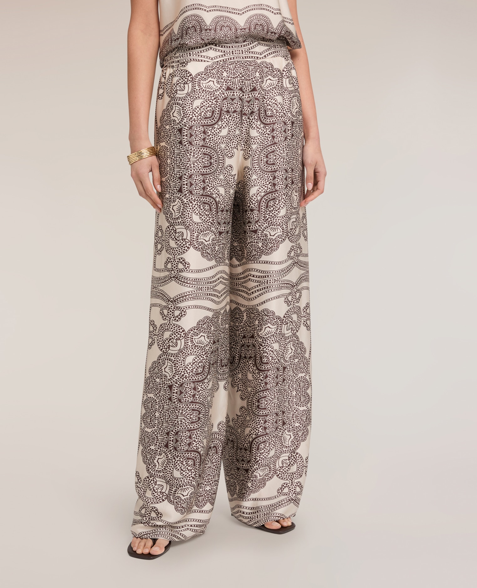 Pantalones de mujer palazzo en raso de viscosa estampada ajuste regular cierre con banda elástica en la cintura - Motivi - Beige Beige-3