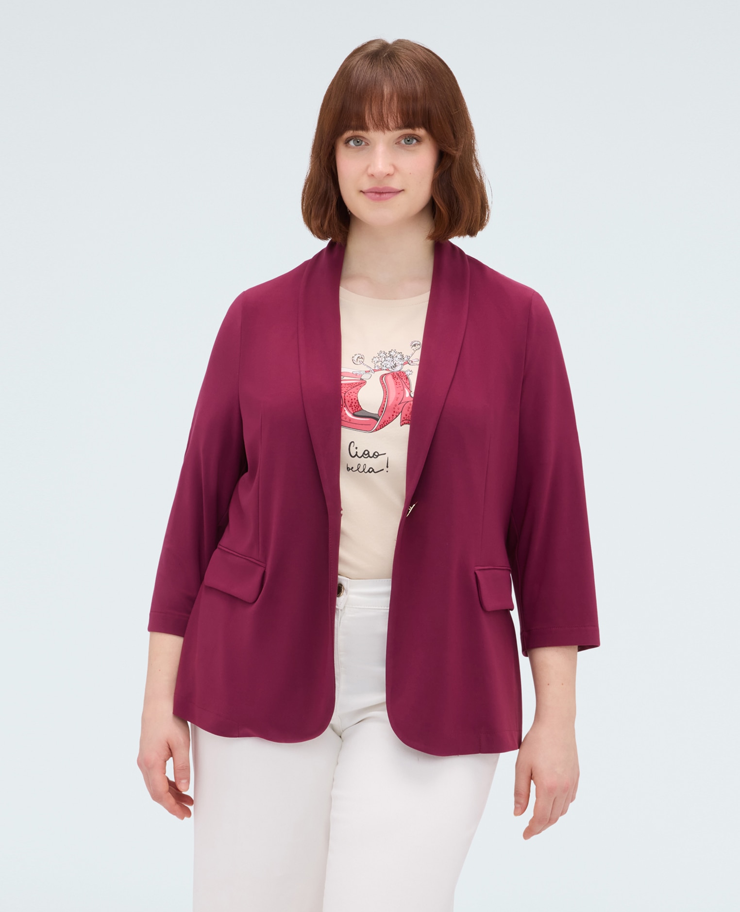 Blazer de mujer de punto con mangas de tres cuartos cierre de un solo pecho con botón decorativo dorado - Fiorella Rubino - Burdeos Burdeos-1