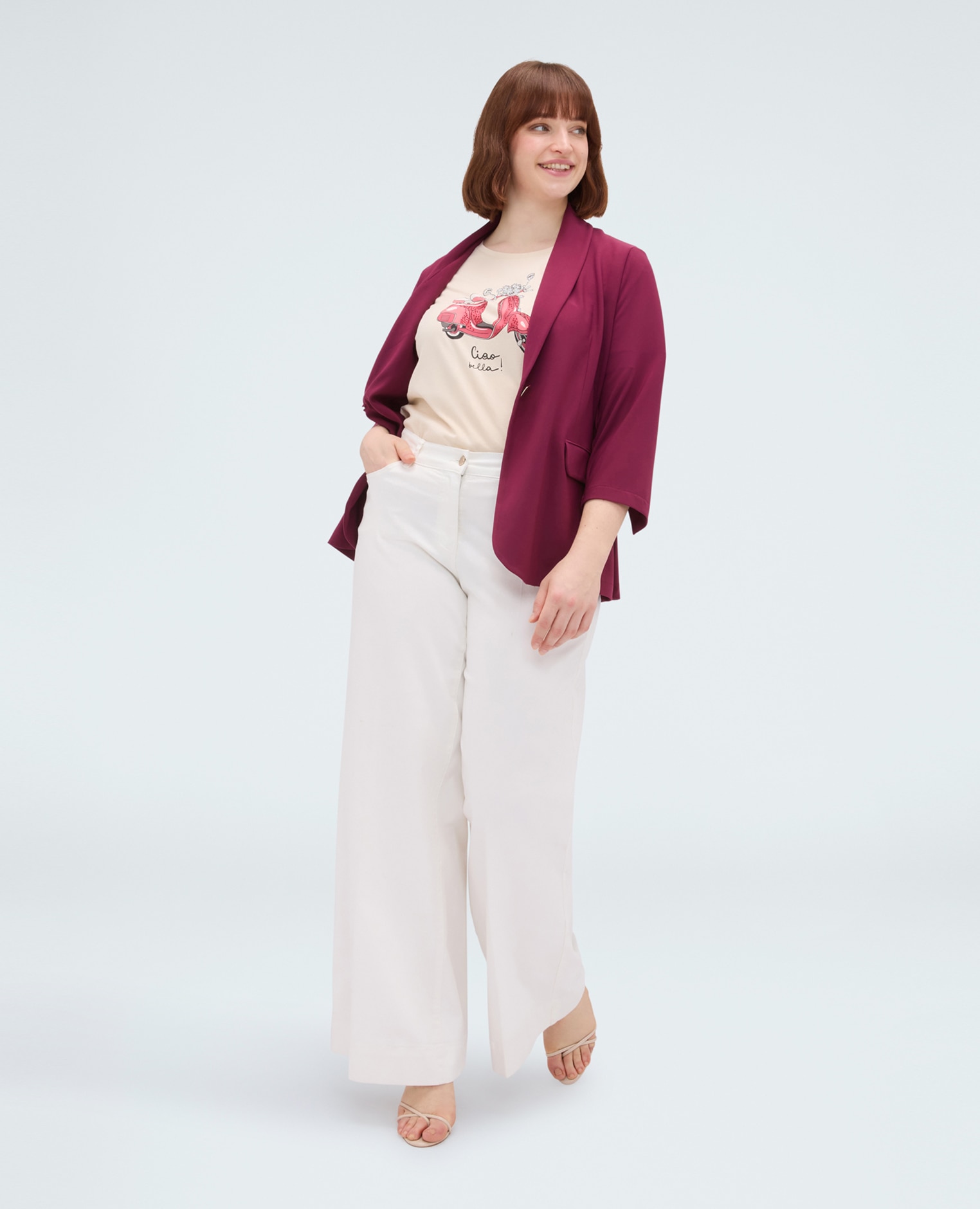 Blazer de mujer de punto con mangas de tres cuartos cierre de un solo pecho con botón decorativo dorado - Fiorella Rubino - Burdeos Burdeos-3