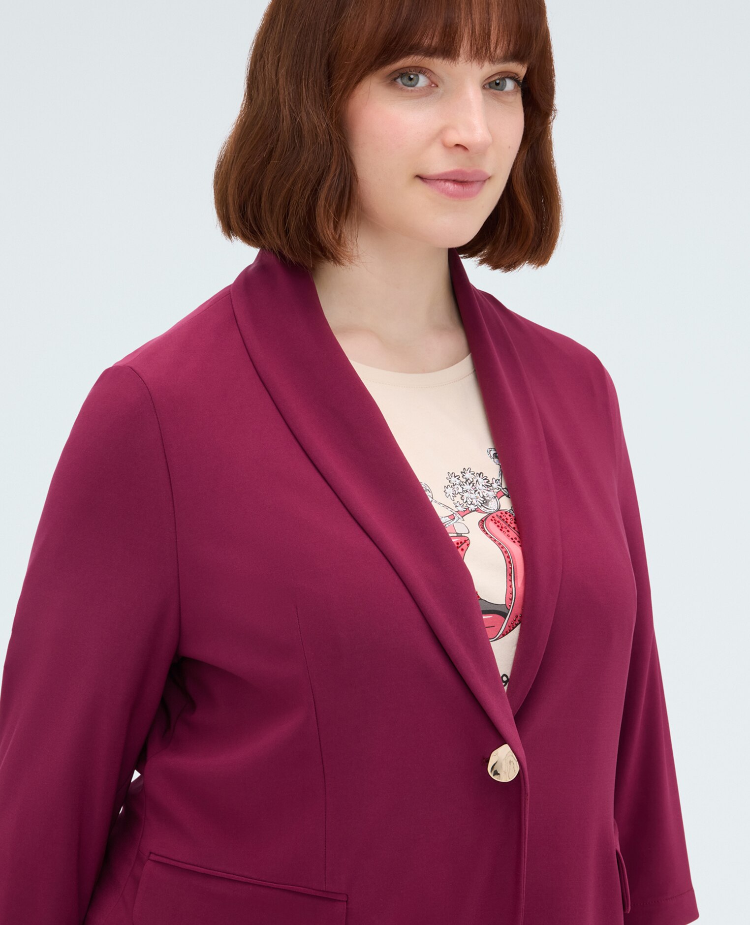 Blazer de mujer de punto con mangas de tres cuartos cierre de un solo pecho con botón decorativo dorado - Fiorella Rubino - Burdeos Burdeos-4