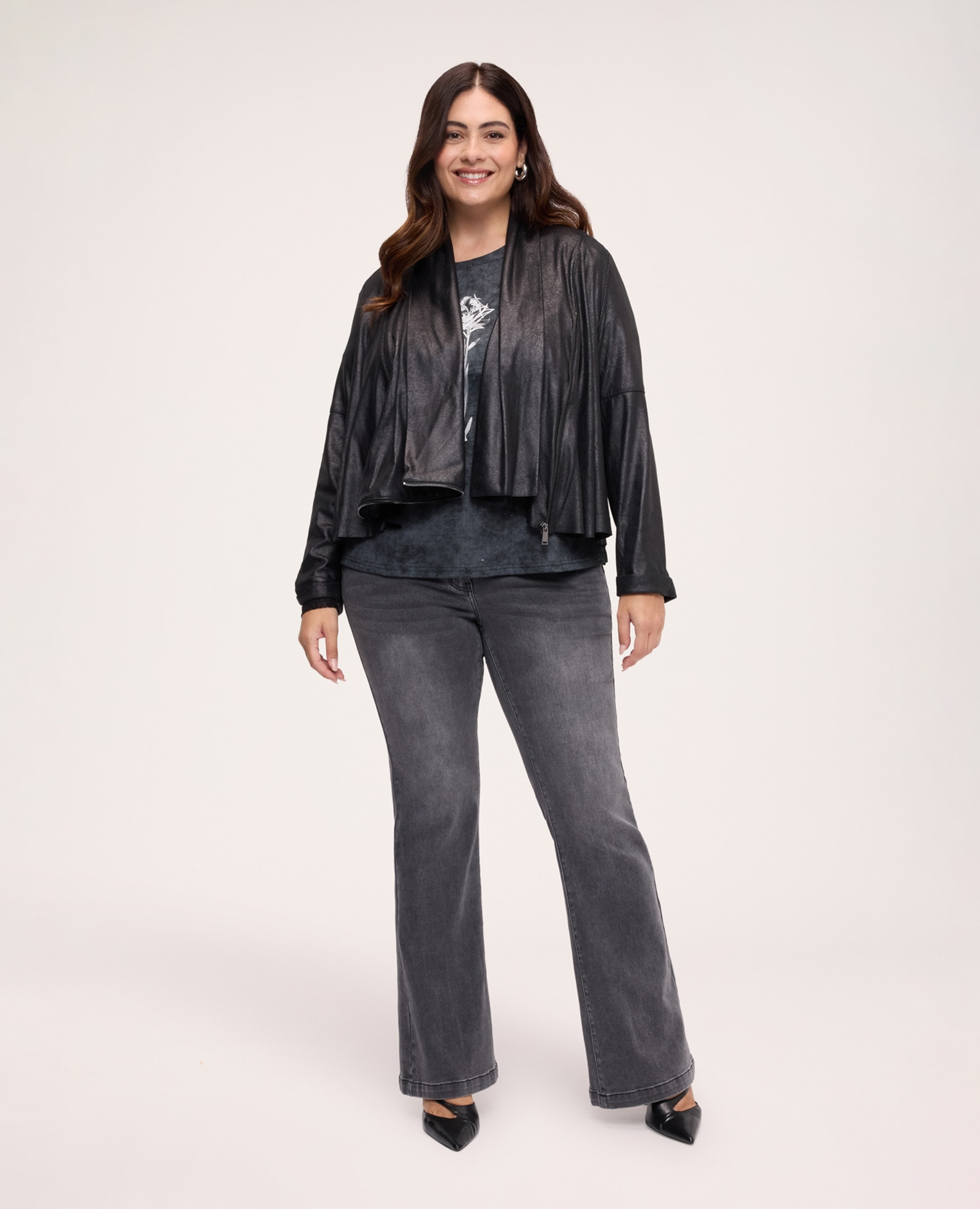 Chaqueta de mujer soft touch con cuello chal cierre de cremallera asimétrico - Fiorella Rubino - Negro Negro-3