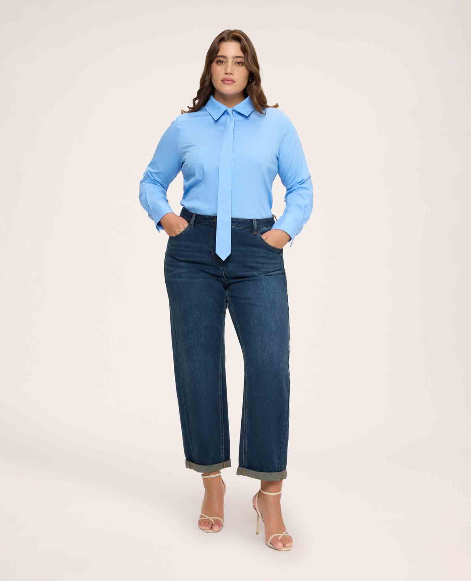 Camisa de mujer con corbata removible cierre con botones dorados - Fiorella Rubino - Azul claro Azul claro-3