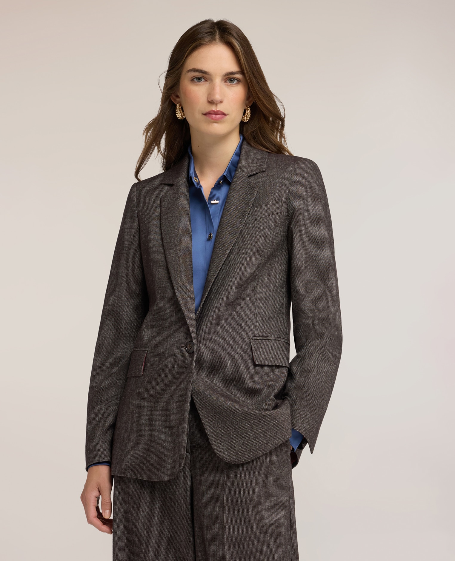 Blazer de mujer teñido en hilo mezcla de algodón longitud media ajuste regular - Motivi - Gris Gris-1