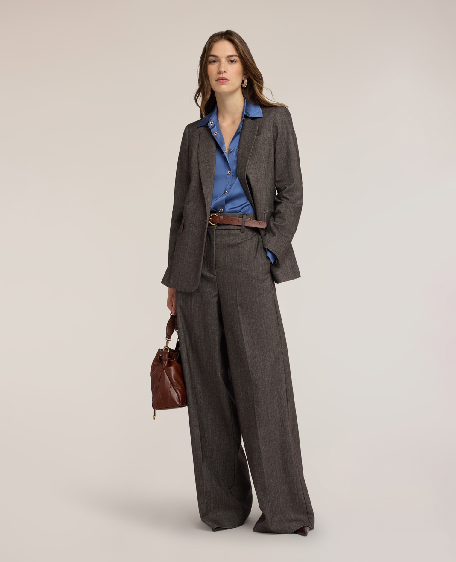 Pantalones de mujer palazzo teñidos en hilo ajuste regular talle alto - Motivi - Gris Gris-1