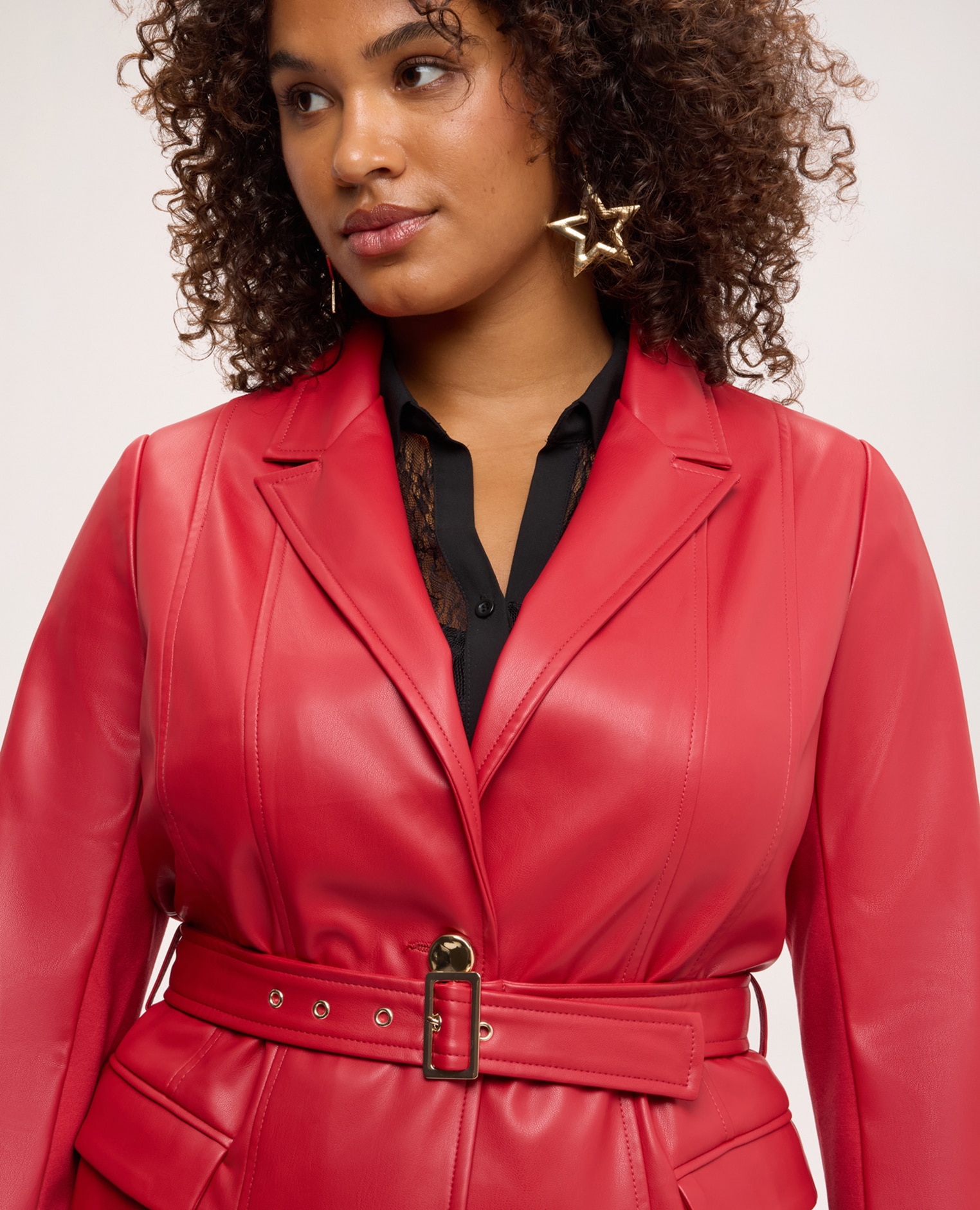 Blazer de mujer en tejido revestido con cinturón cinturón a juego con hebilla metálica ajustable y pasadores bolsillos con solapa en el frente - Fiorella Rubino - Rojo Rojo-4