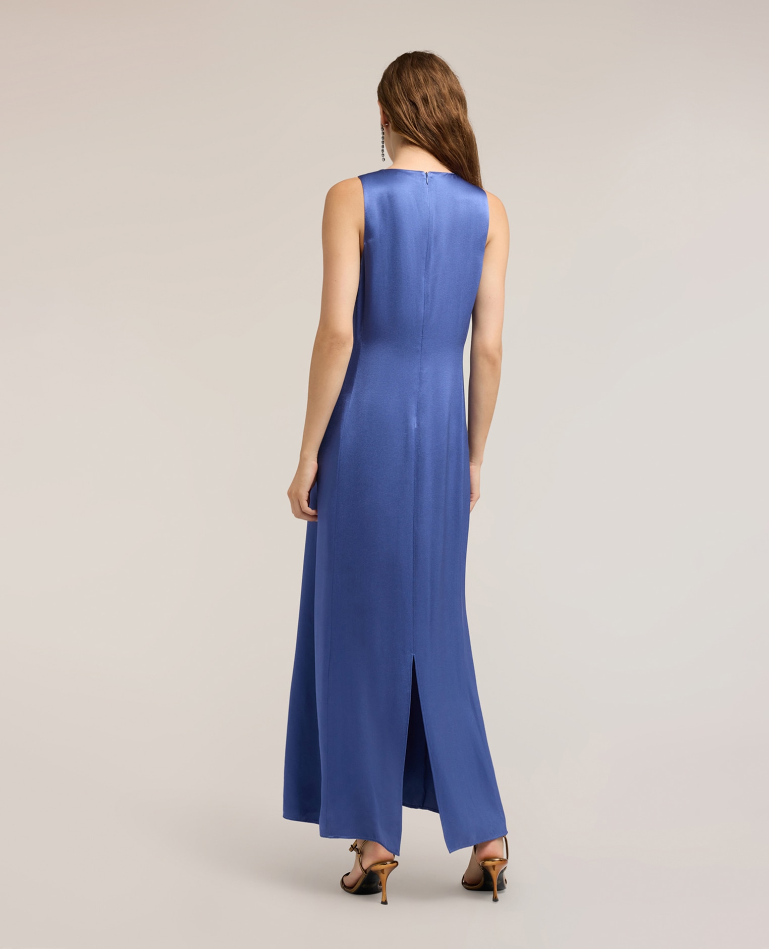 Vestido largo de línea a en raso cierre con cremallera en la parte trasera - Motivi - Azul Azul-2
