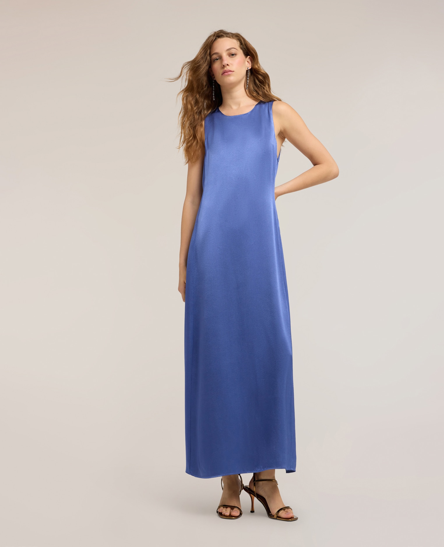 Vestido largo de línea a en raso cierre con cremallera en la parte trasera - Motivi - Azul Azul-3