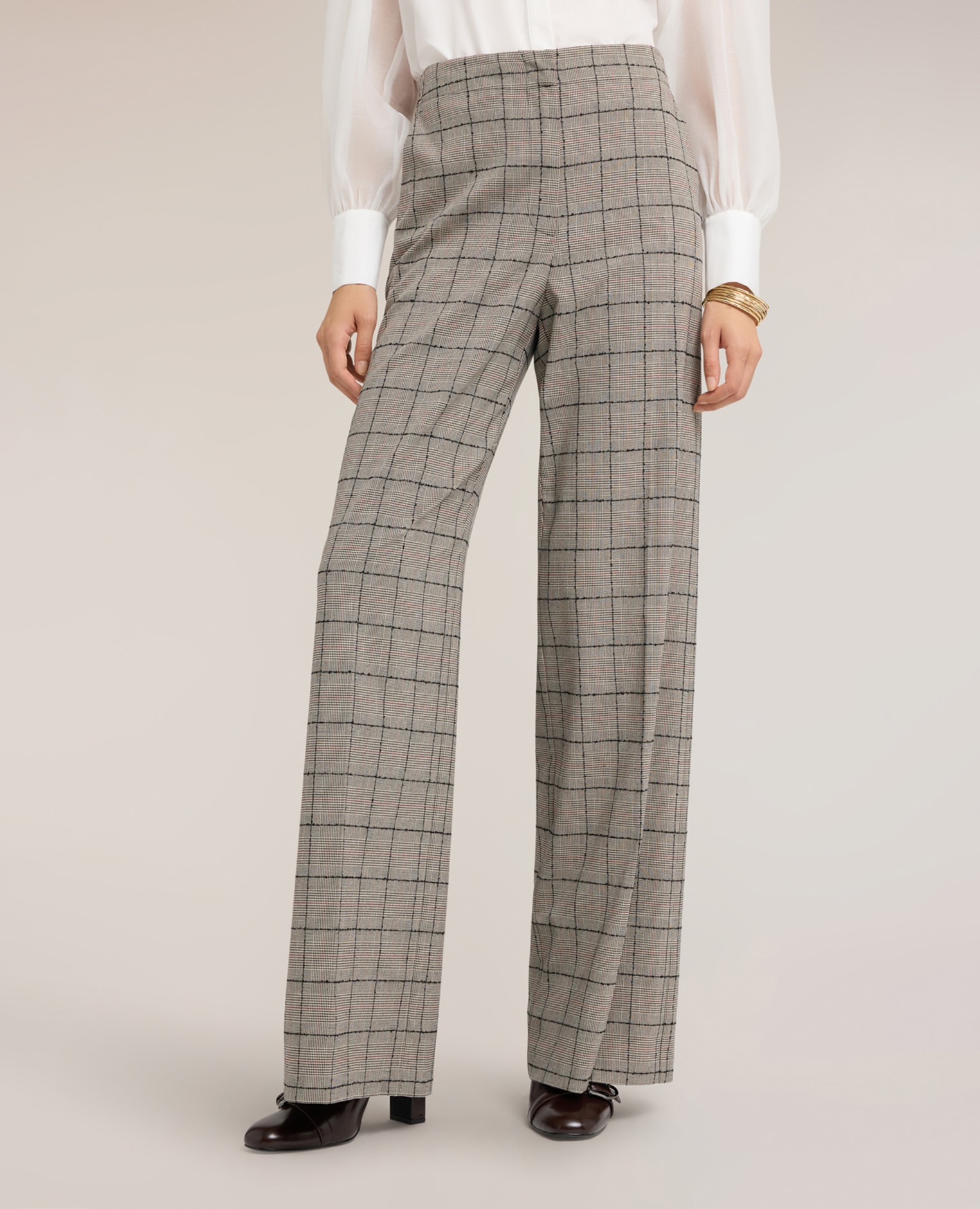 Pantalones de mujer palazzo estampado príncipe de gales ajuste regular cierre frontal oculto con cremallera - Motivi - Gris Gris-3
