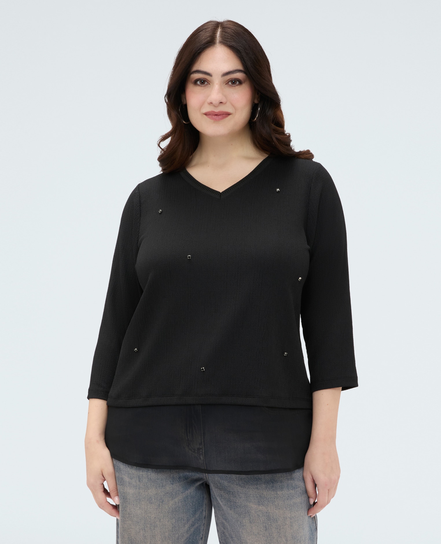 Camiseta de mujer de jersey con aplicaciones aplicaciones luminosas decorativas distribuidas en la parte delantera - Fiorella Rubino - Negro Negro-1